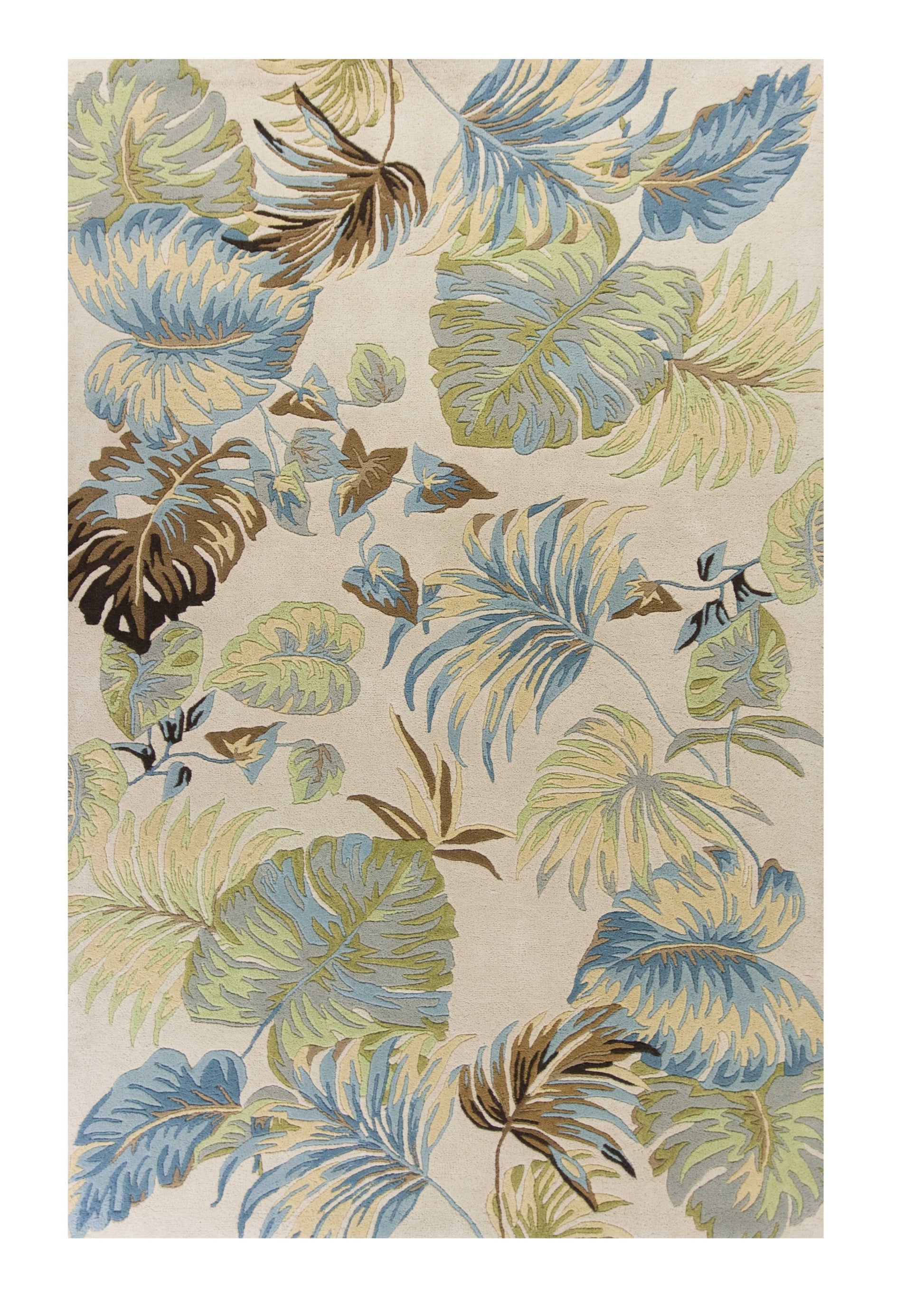 5' X 8' Ivory And Blue Wool Botanical Leaves Hand Tufted Area Rug-Area Rugs-DECOROLALA