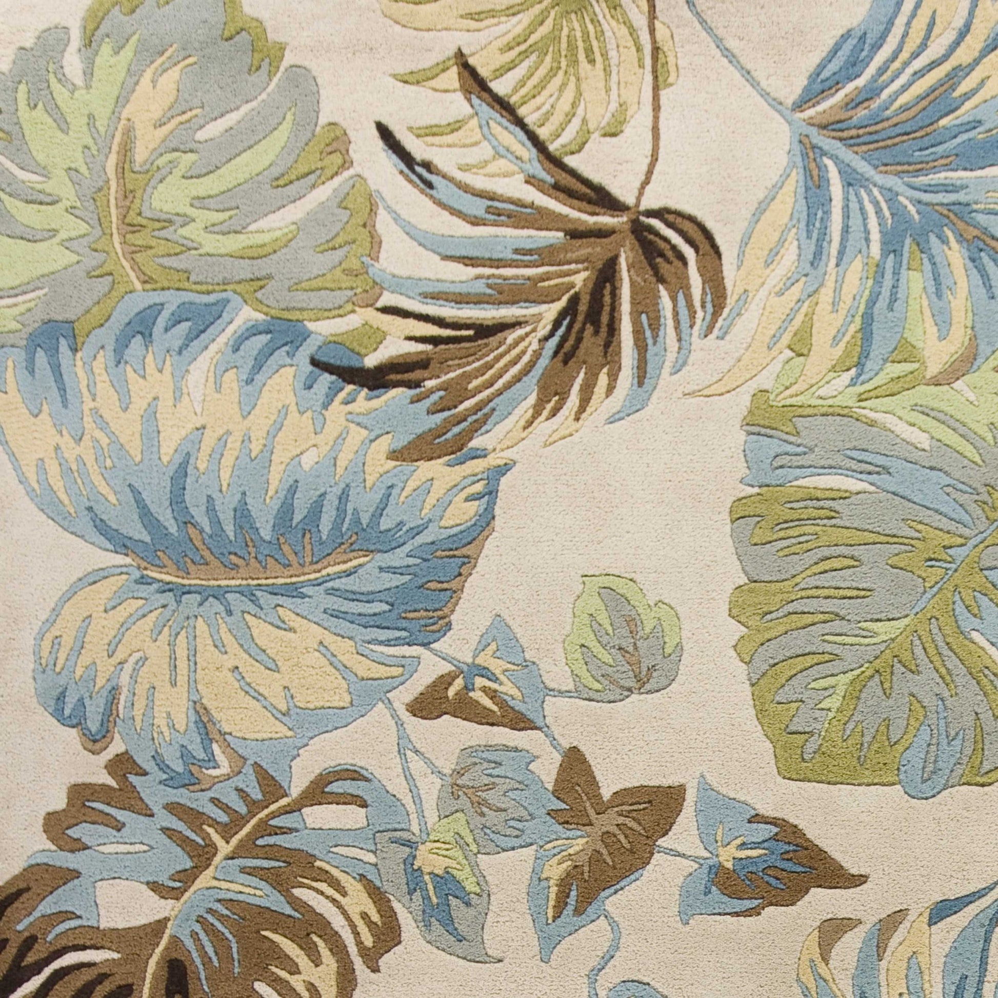 5' X 8' Ivory And Blue Wool Botanical Leaves Hand Tufted Area Rug-Area Rugs-DECOROLALA
