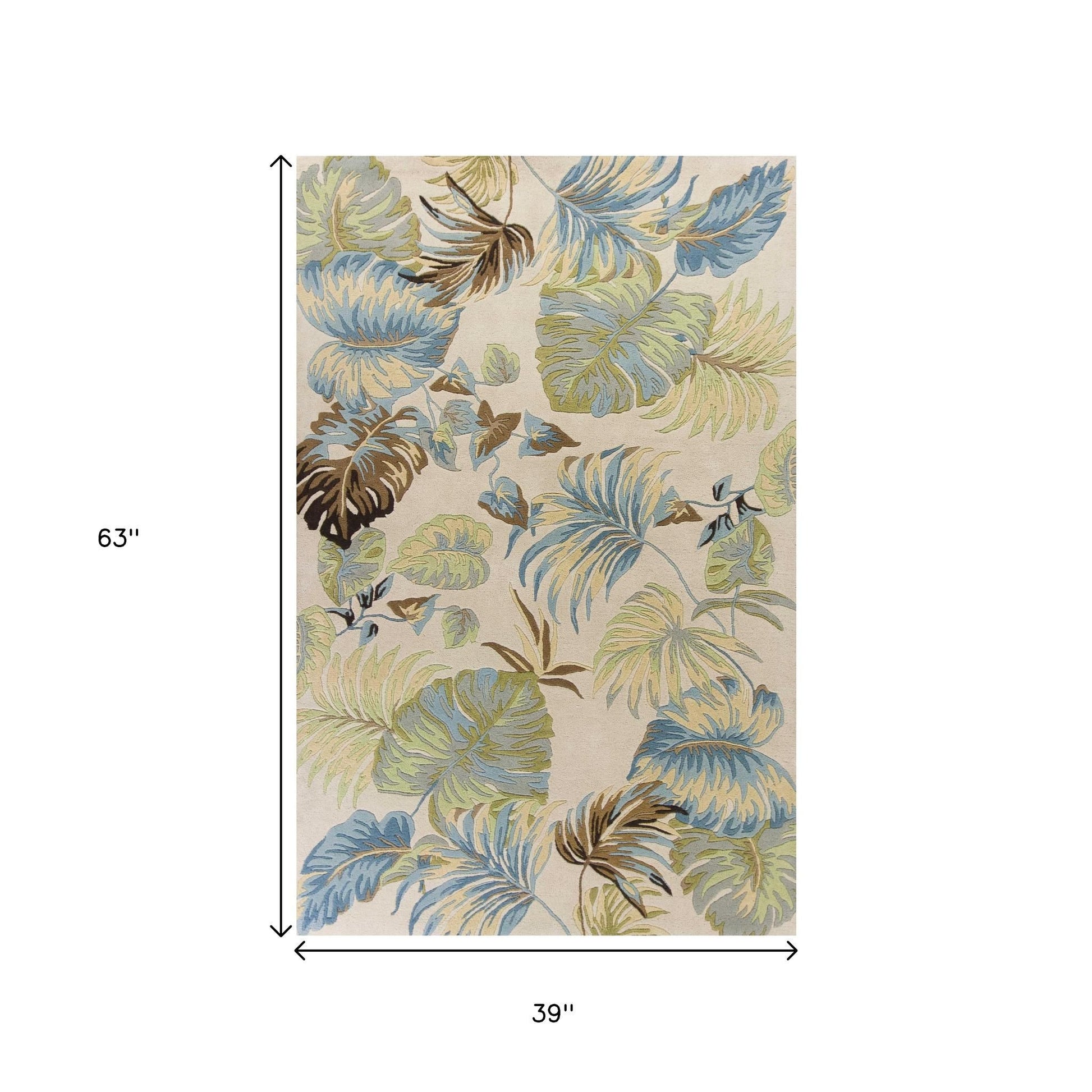 5' X 8' Ivory And Blue Wool Botanical Leaves Hand Tufted Area Rug-Area Rugs-DECOROLALA