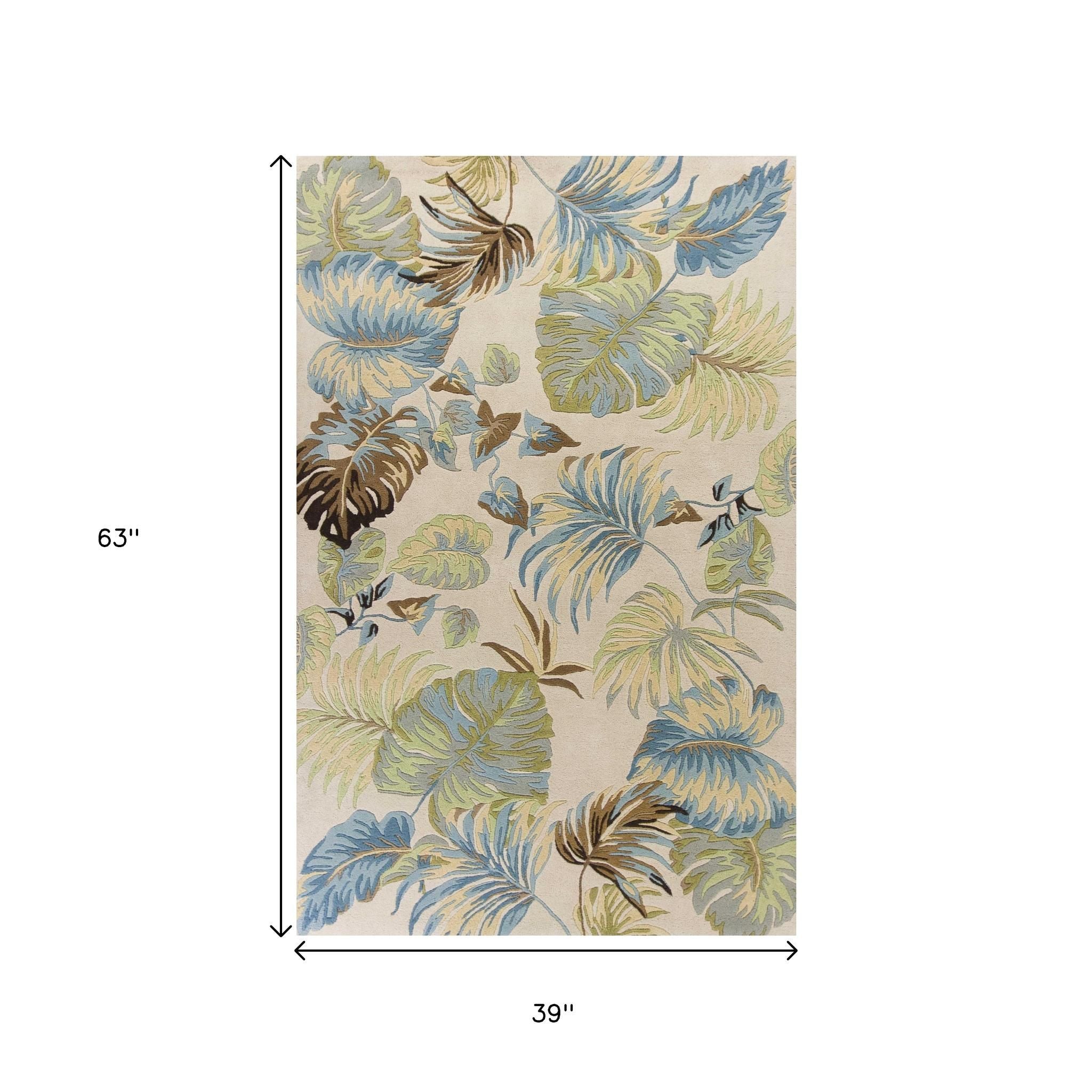 5' X 8' Ivory And Blue Wool Botanical Leaves Hand Tufted Area Rug-Area Rugs-DECOROLALA