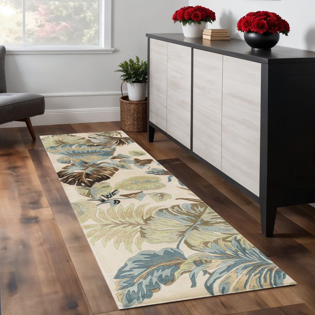 5' X 8' Ivory And Blue Wool Botanical Leaves Hand Tufted Area Rug-Area Rugs-DECOROLALA