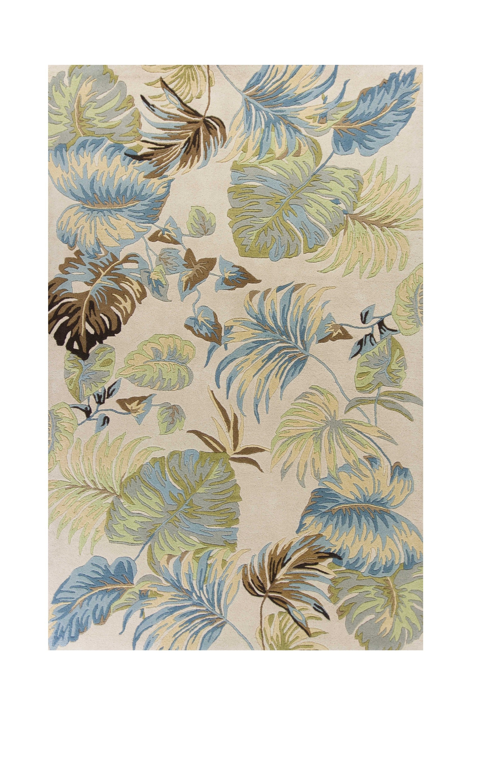 5' X 8' Ivory And Blue Wool Botanical Leaves Hand Tufted Area Rug-Area Rugs-DECOROLALA