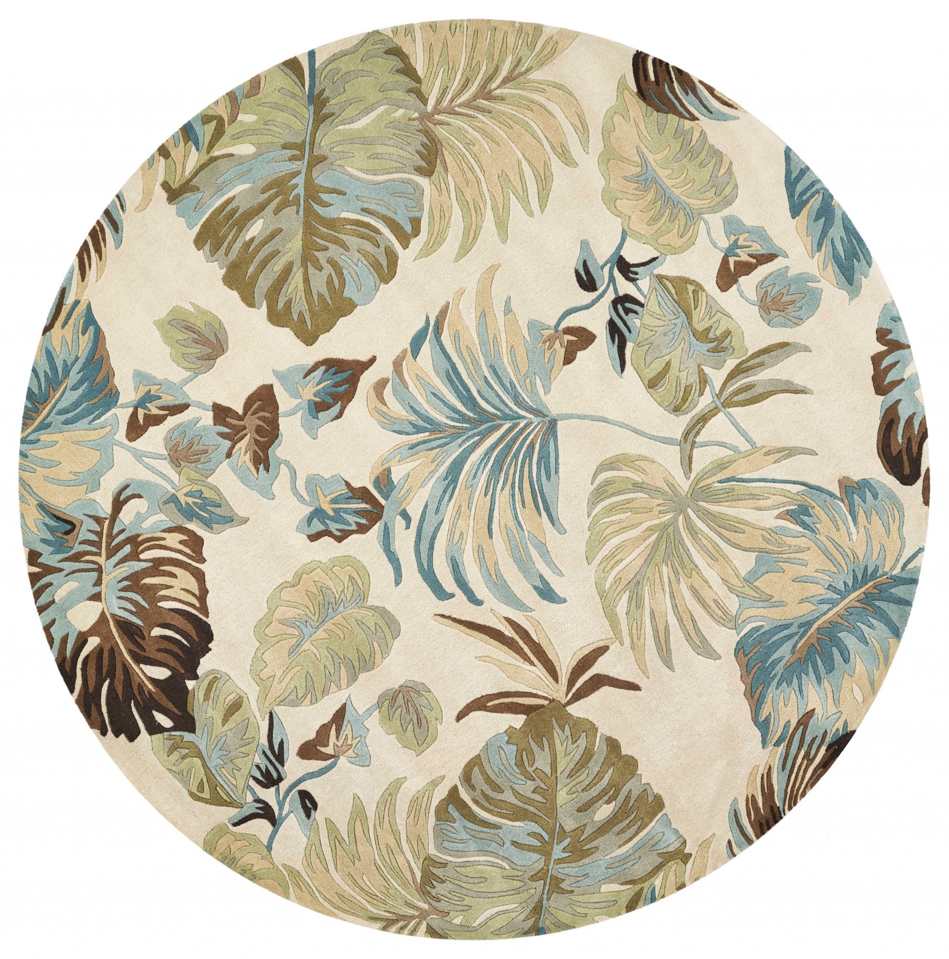 5' X 8' Ivory And Blue Wool Botanical Leaves Hand Tufted Area Rug-Area Rugs-DECOROLALA