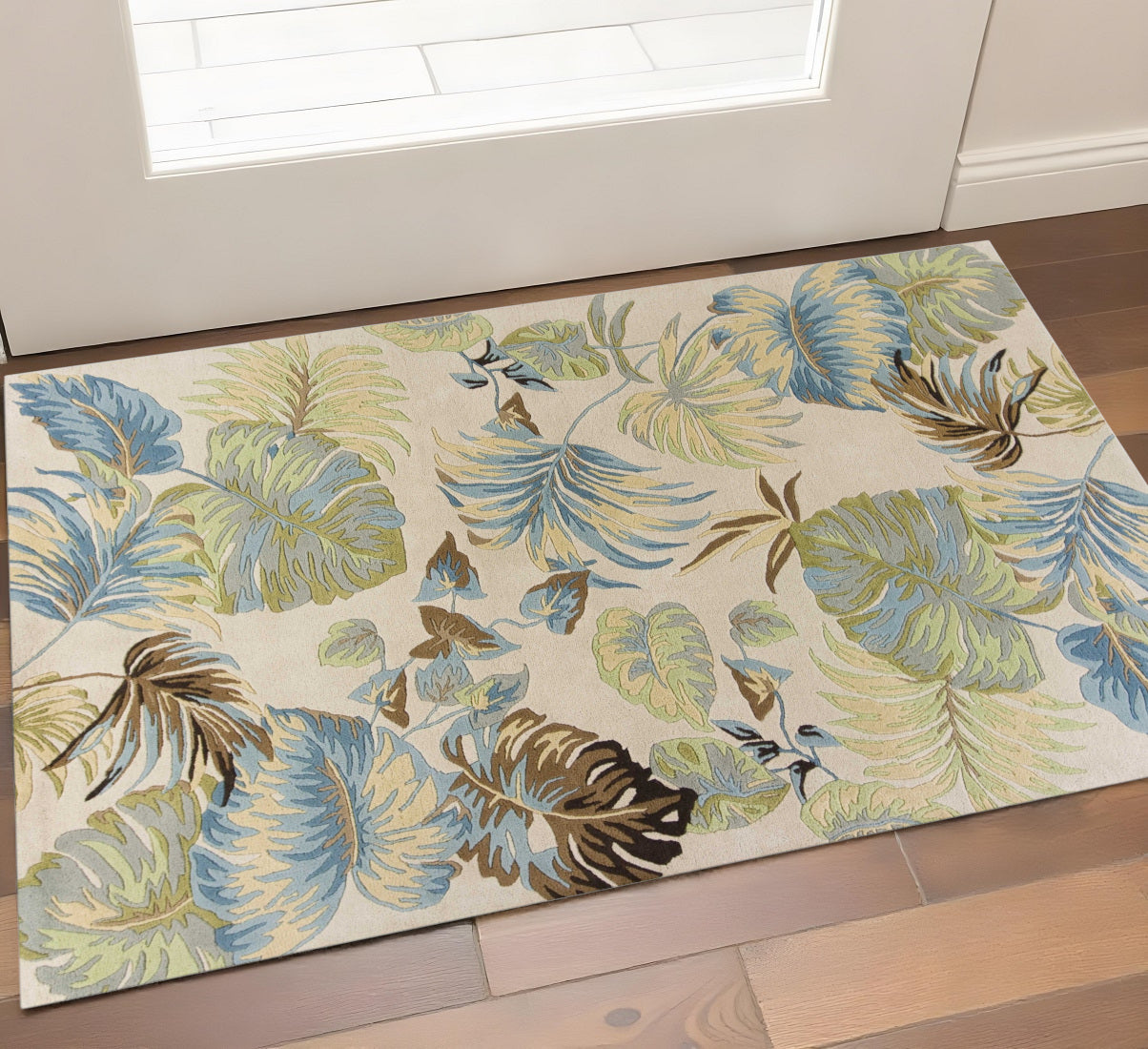 5' X 8' Ivory And Blue Wool Botanical Leaves Hand Tufted Area Rug-Area Rugs-DECOROLALA