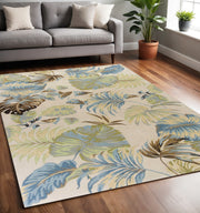 5' X 8' Ivory And Blue Wool Botanical Leaves Hand Tufted Area Rug-Area Rugs-DECOROLALA
