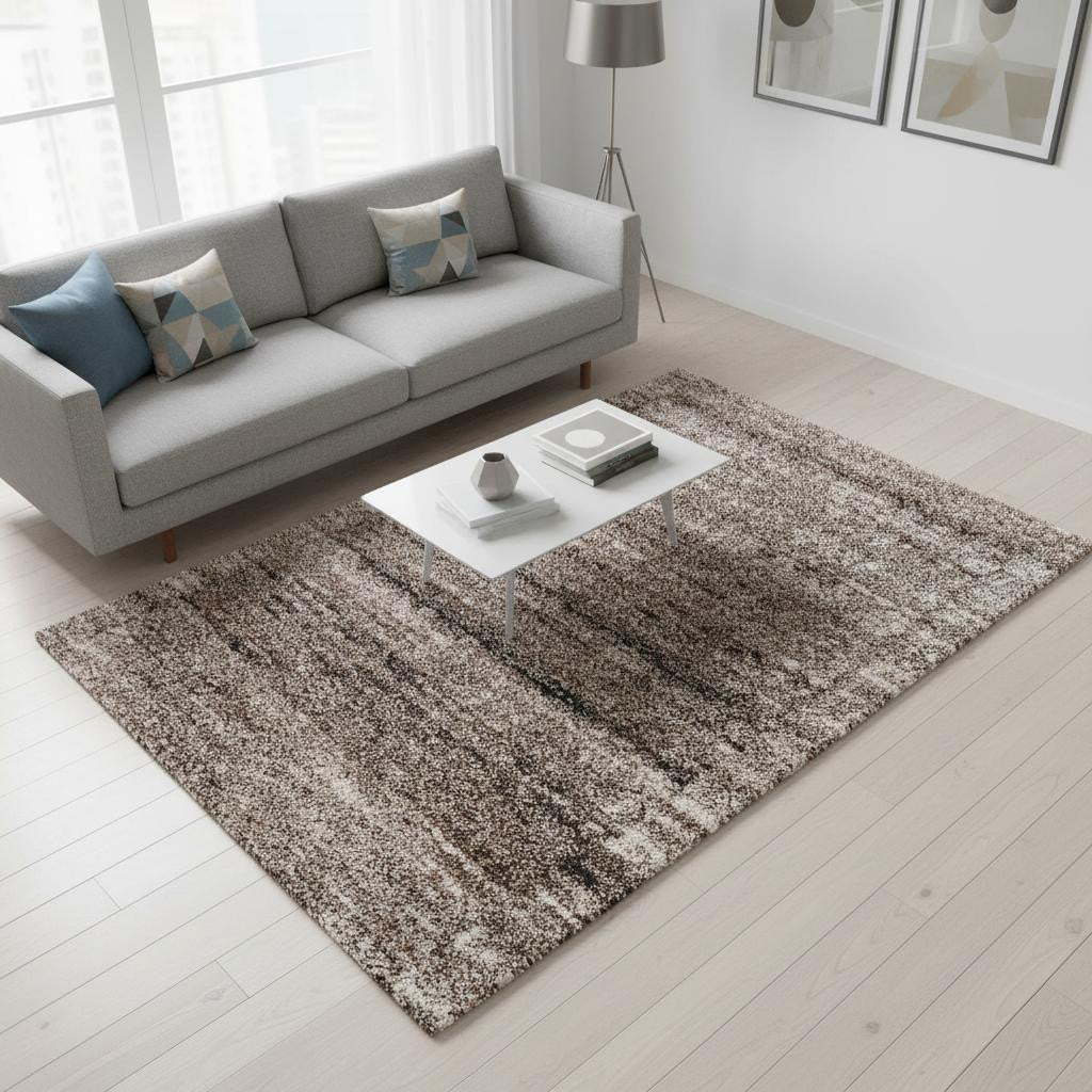 5' X 8' Ivory And Brown Retro Mod Area Rug-Area Rugs-DECOROLALA