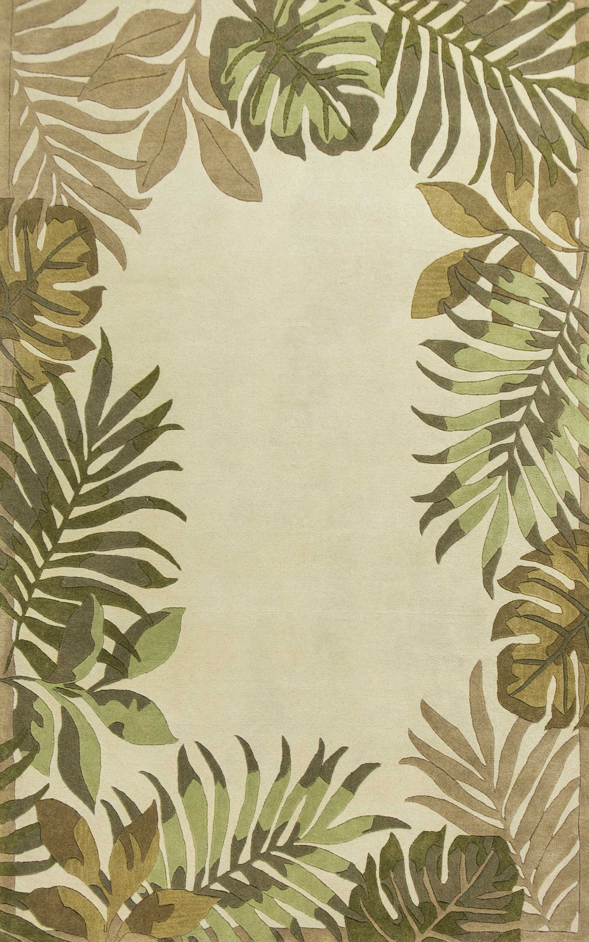 5' X 8' Ivory And Green Wool Botanical Leaves Hand Tufted Area Rug-Area Rugs-DECOROLALA