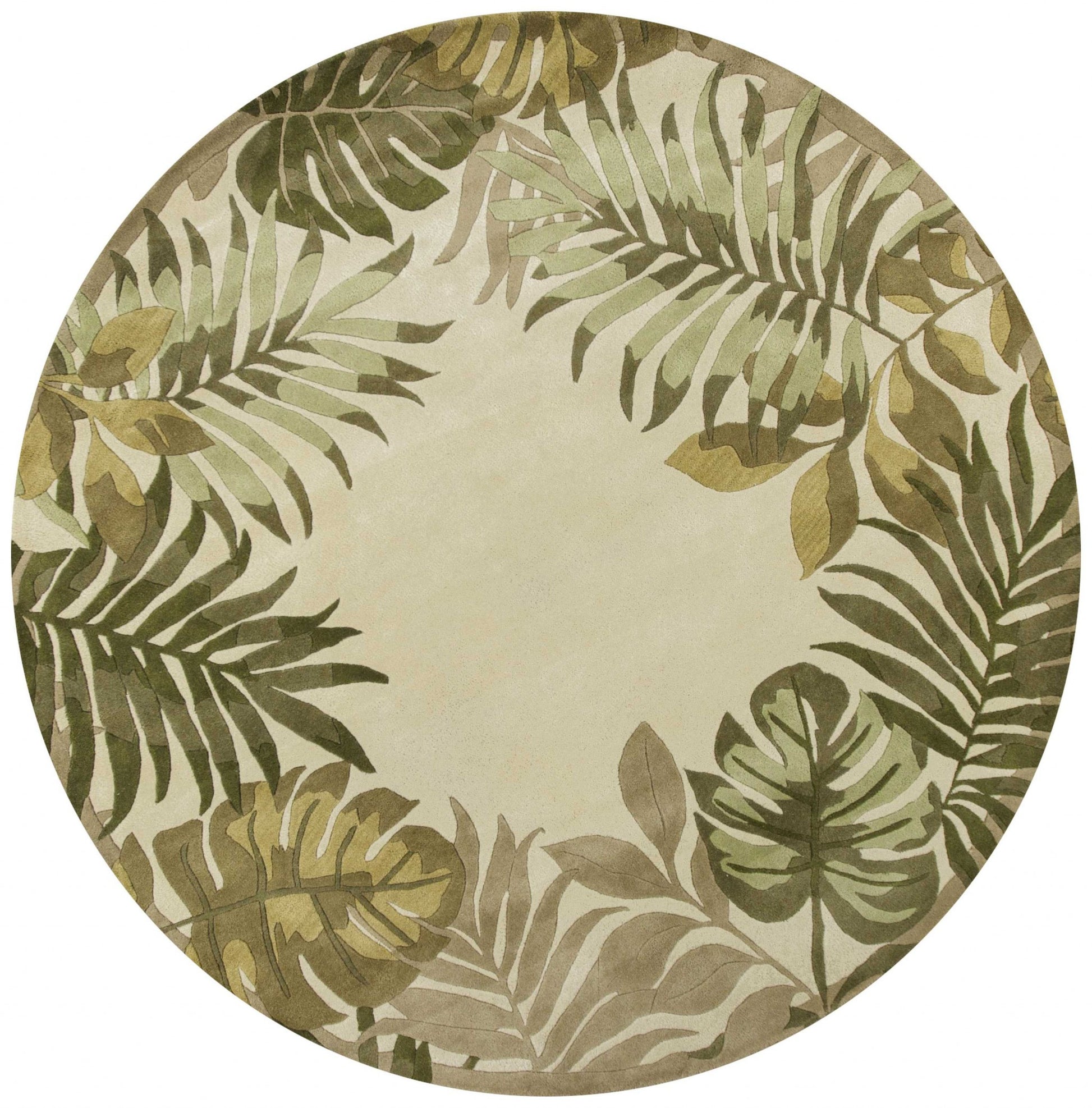 5' X 8' Ivory And Green Wool Botanical Leaves Hand Tufted Area Rug-Area Rugs-DECOROLALA