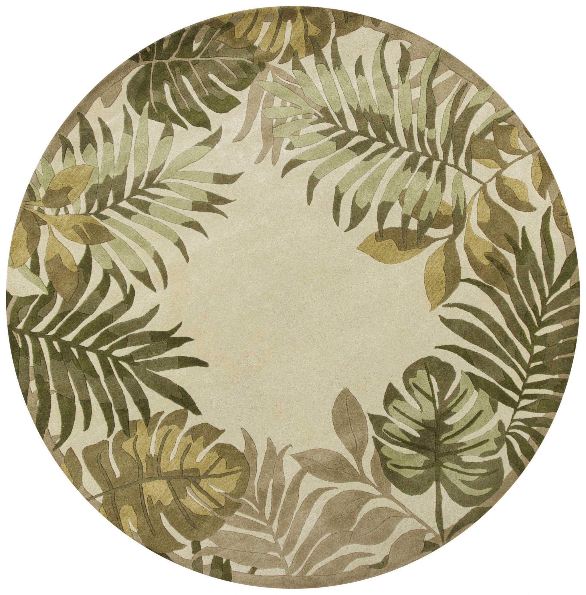 5' X 8' Ivory And Green Wool Botanical Leaves Hand Tufted Area Rug-Area Rugs-DECOROLALA
