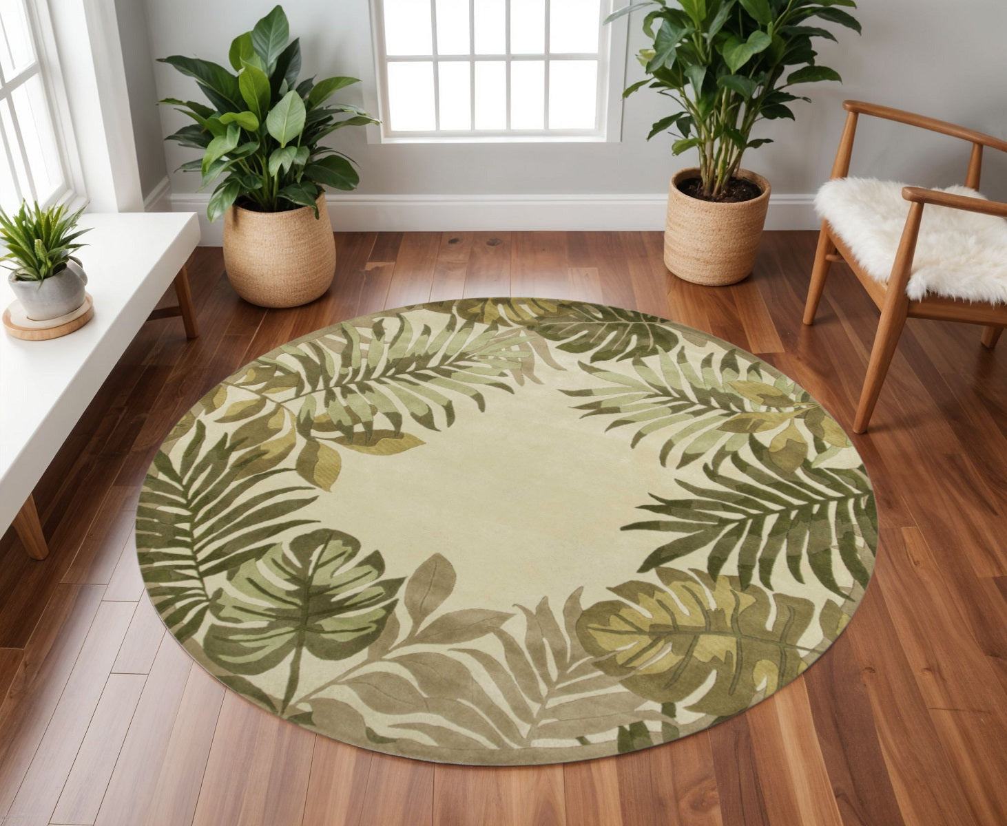 5' X 8' Ivory And Green Wool Botanical Leaves Hand Tufted Area Rug-Area Rugs-DECOROLALA