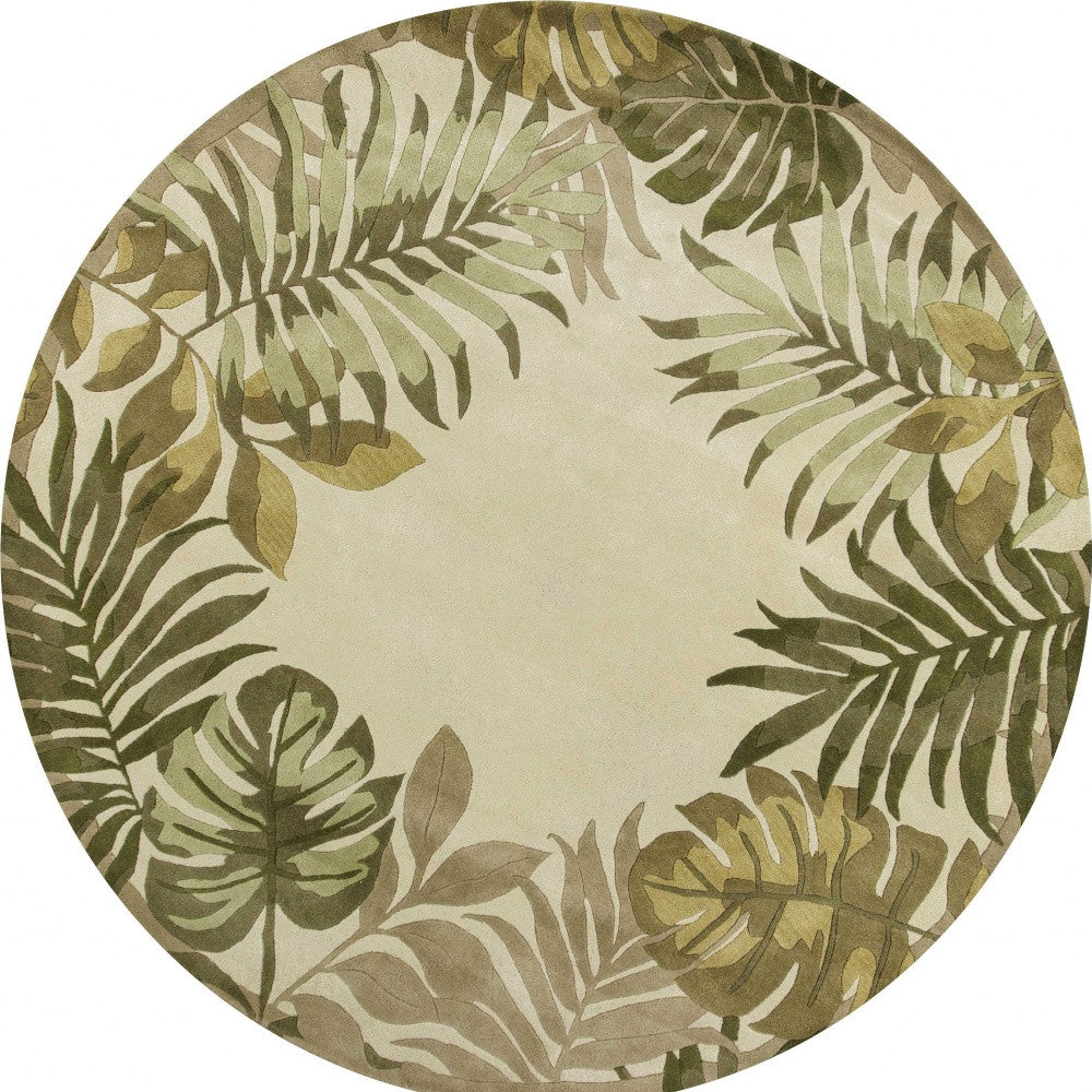 5' X 8' Ivory And Green Wool Botanical Leaves Hand Tufted Area Rug-Area Rugs-DECOROLALA