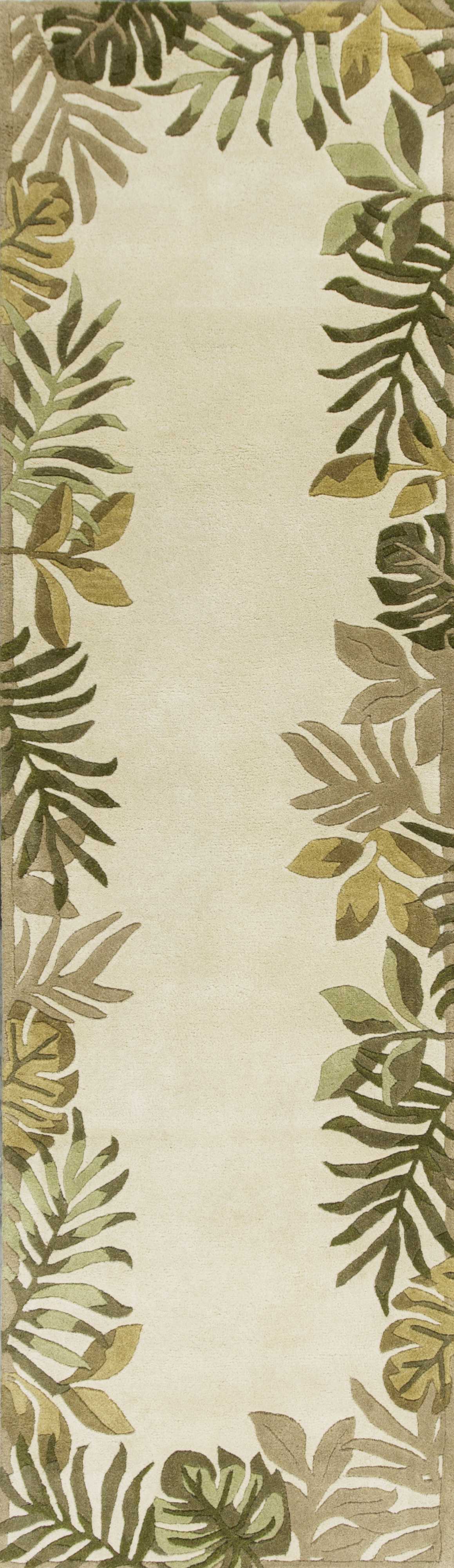 5' X 8' Ivory And Green Wool Botanical Leaves Hand Tufted Area Rug-Area Rugs-DECOROLALA