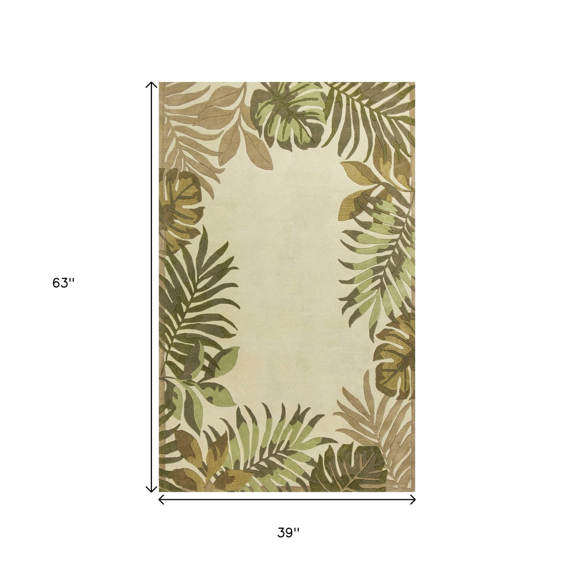 5' X 8' Ivory And Green Wool Botanical Leaves Hand Tufted Area Rug-Area Rugs-DECOROLALA