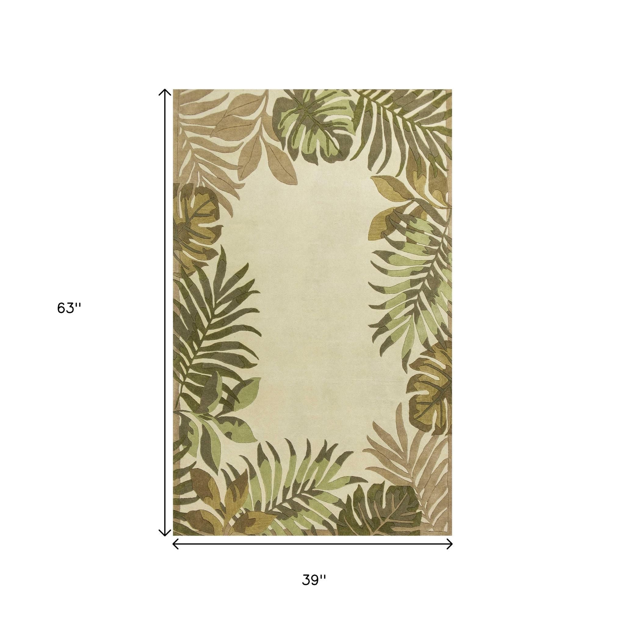 5' X 8' Ivory And Green Wool Botanical Leaves Hand Tufted Area Rug-Area Rugs-DECOROLALA