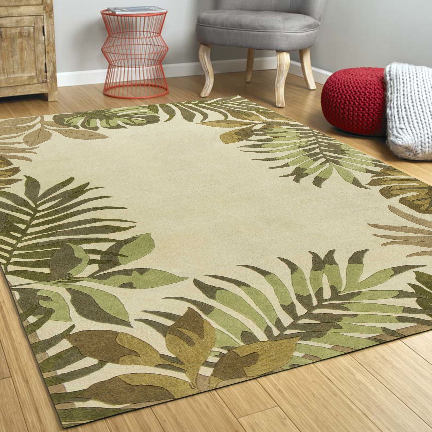 5' X 8' Ivory And Green Wool Botanical Leaves Hand Tufted Area Rug-Area Rugs-DECOROLALA