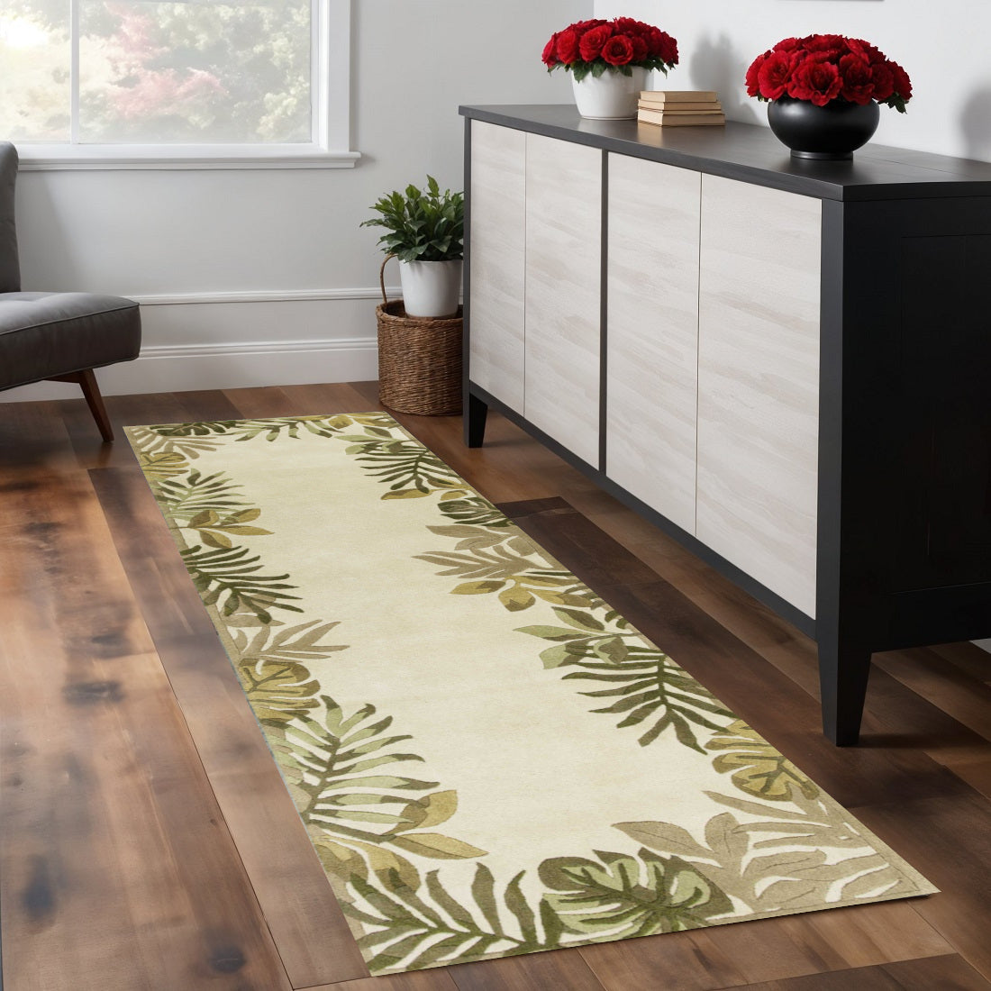 5' X 8' Ivory And Green Wool Botanical Leaves Hand Tufted Area Rug-Area Rugs-DECOROLALA