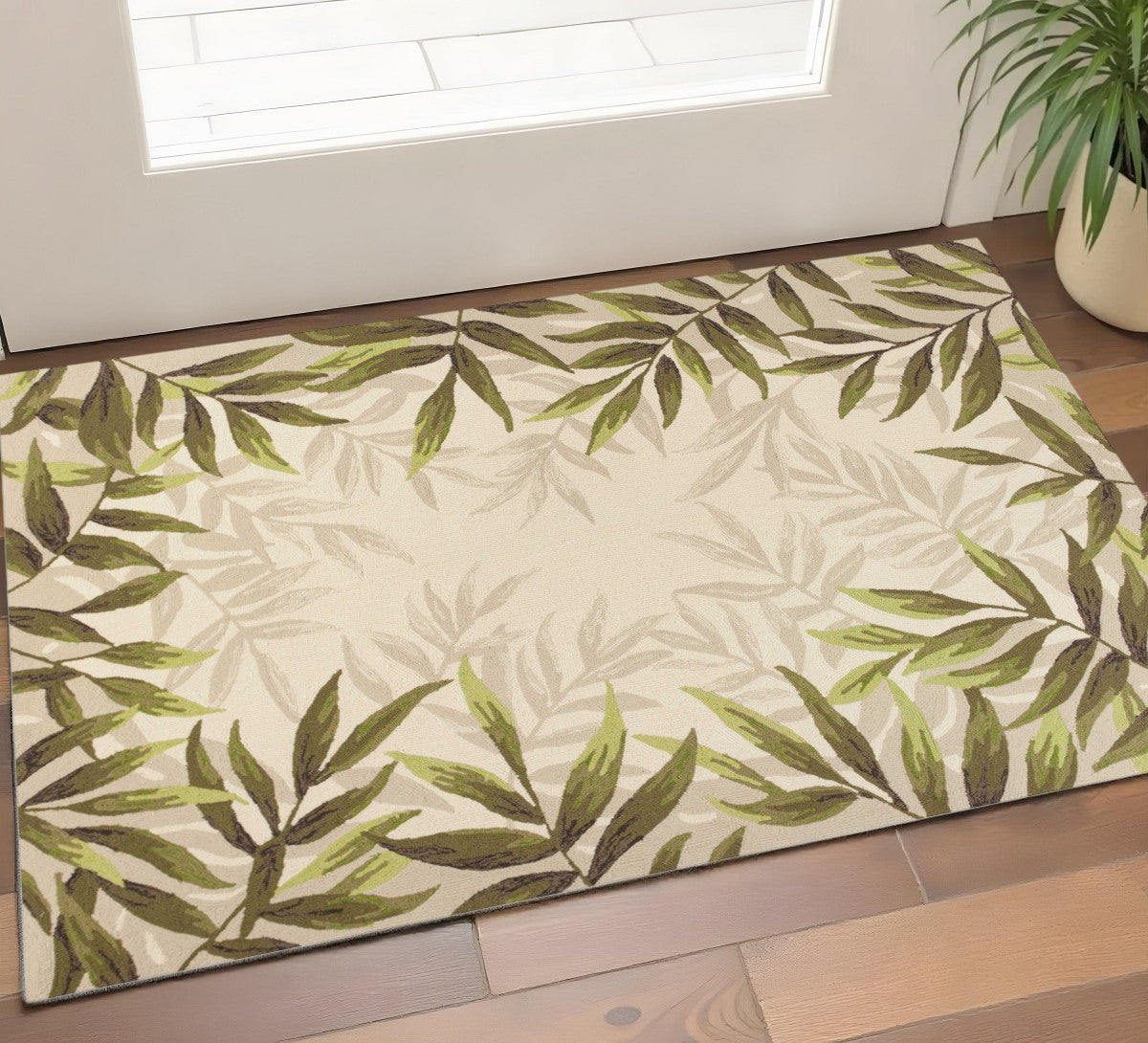 5' X 8' Ivory And Green Wool Botanical Leaves Hand Tufted Area Rug-Area Rugs-DECOROLALA