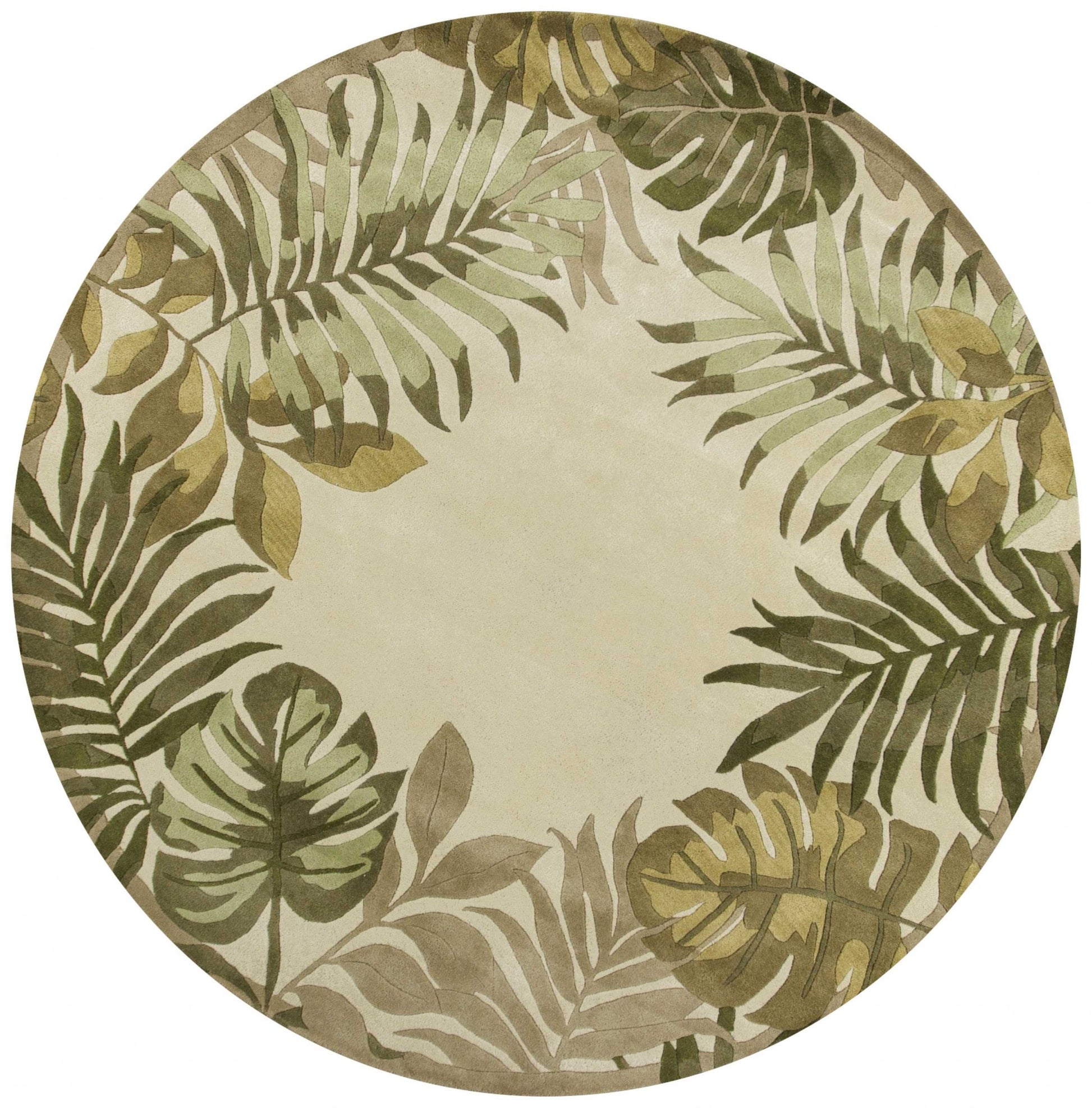 5' X 8' Ivory And Green Wool Botanical Leaves Hand Tufted Area Rug-Area Rugs-DECOROLALA