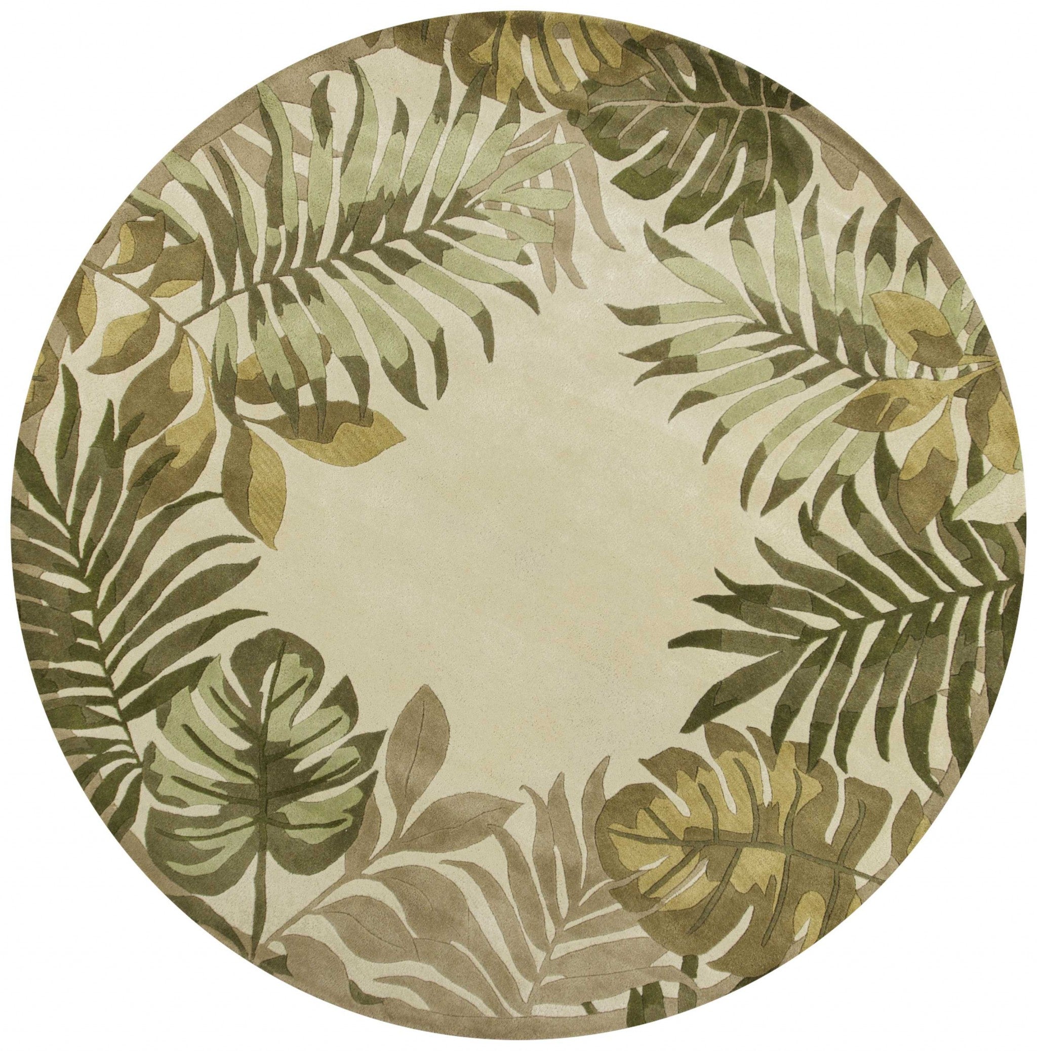5' X 8' Ivory And Green Wool Botanical Leaves Hand Tufted Area Rug-Area Rugs-DECOROLALA