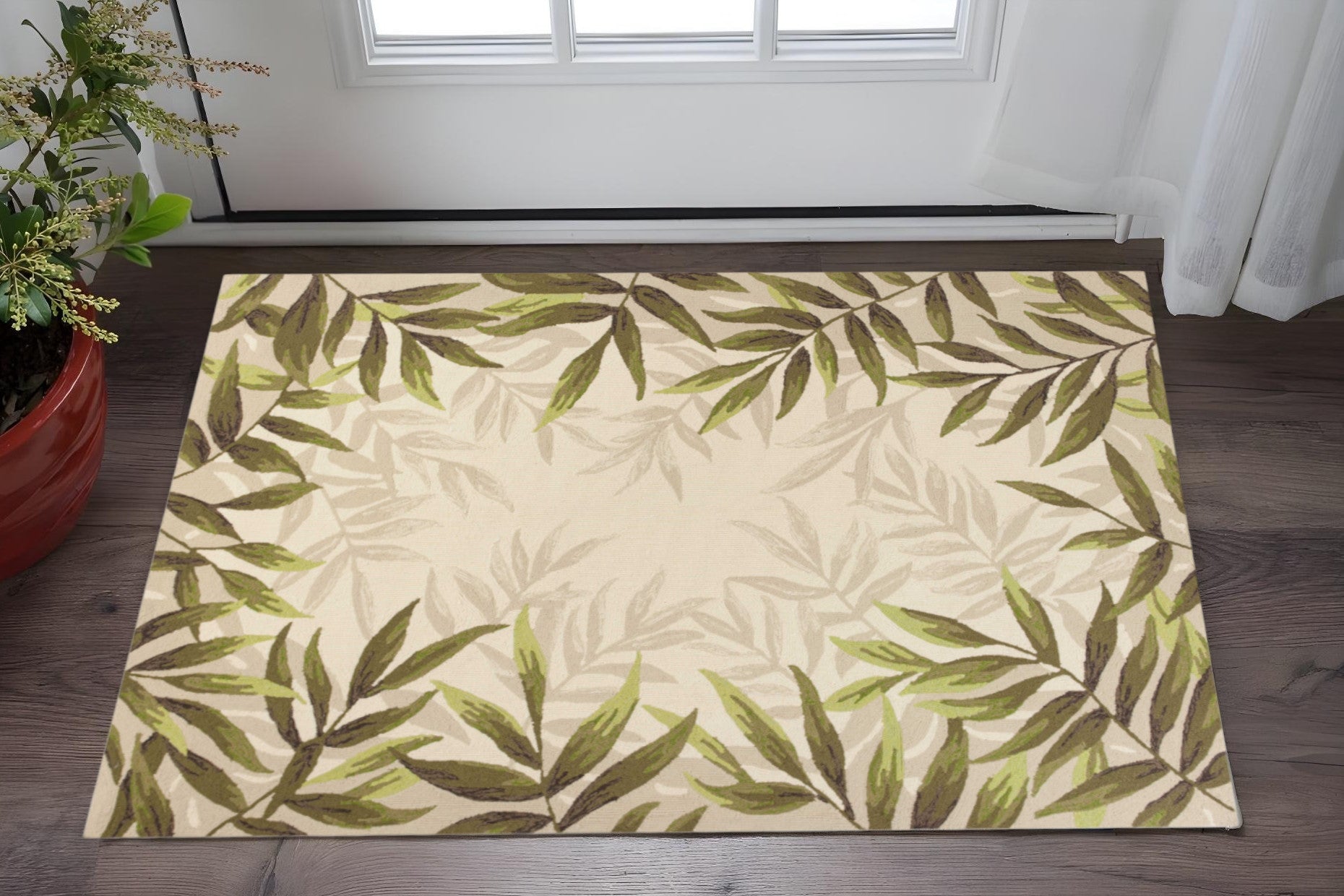 5' X 8' Ivory And Green Wool Botanical Leaves Hand Tufted Area Rug-Area Rugs-DECOROLALA