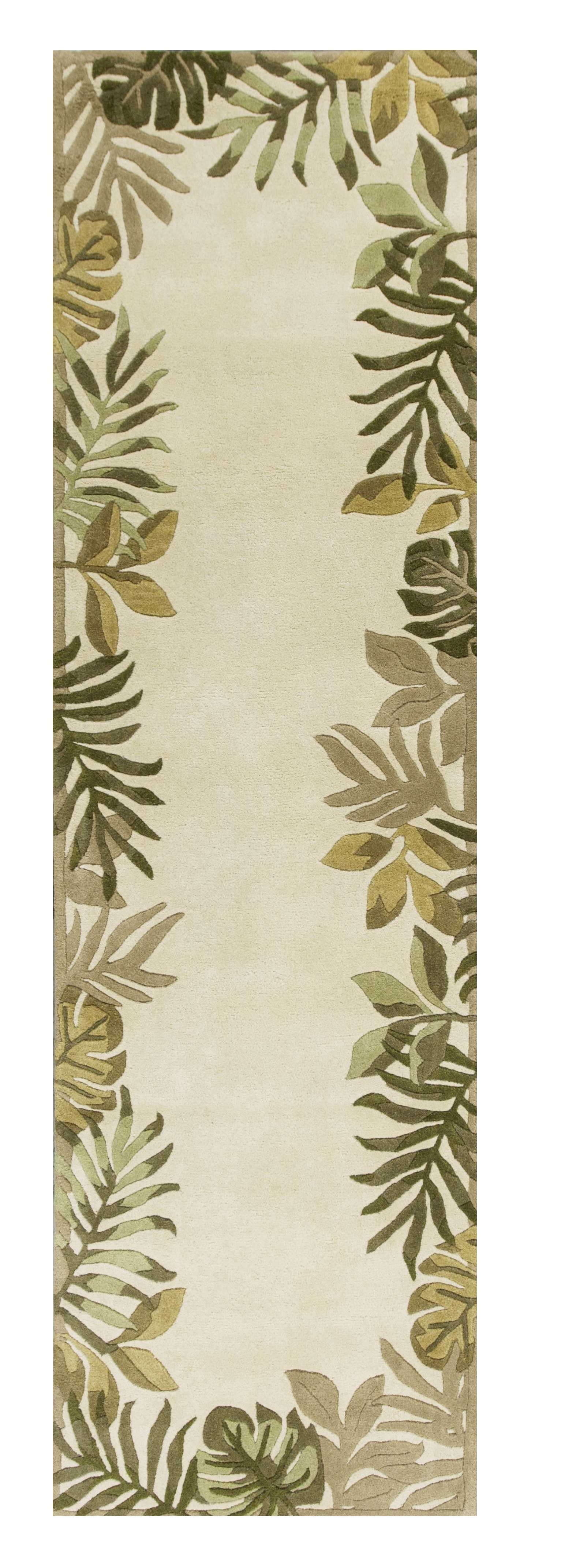 5' X 8' Ivory And Green Wool Botanical Leaves Hand Tufted Area Rug-Area Rugs-DECOROLALA