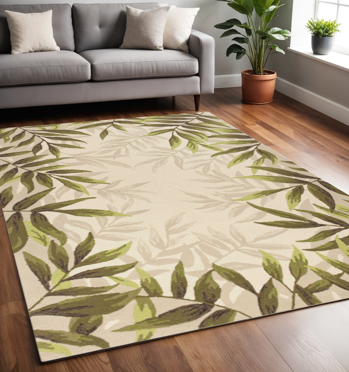 5' X 8' Ivory And Green Wool Botanical Leaves Hand Tufted Area Rug-Area Rugs-DECOROLALA