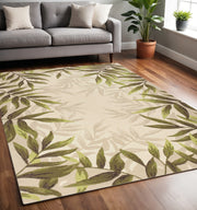 5' X 8' Ivory And Green Wool Botanical Leaves Hand Tufted Area Rug-Area Rugs-DECOROLALA
