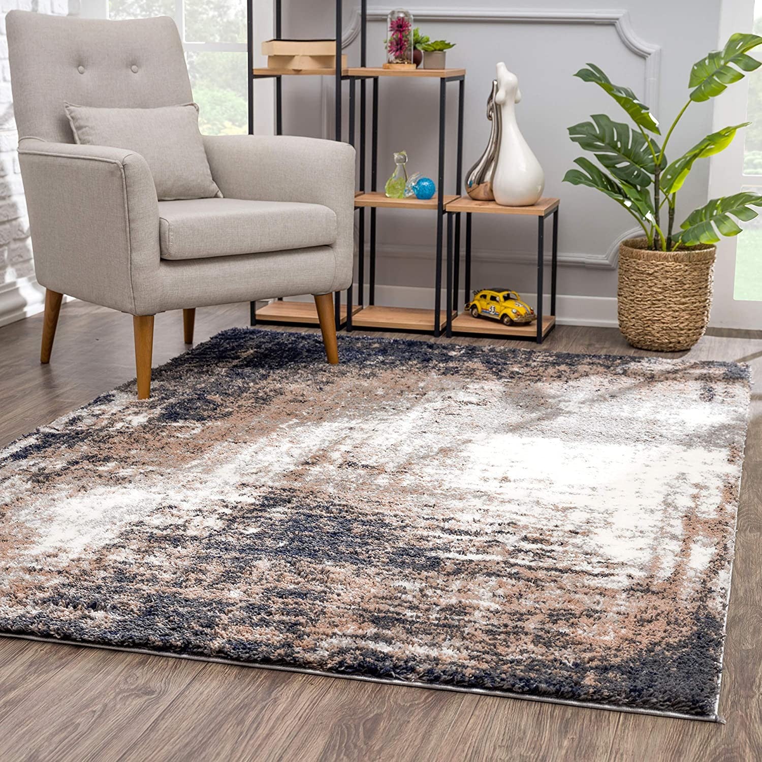5' X 8' Ivory And Navy Retro Modern Area Rug-Area Rugs-DECOROLALA
