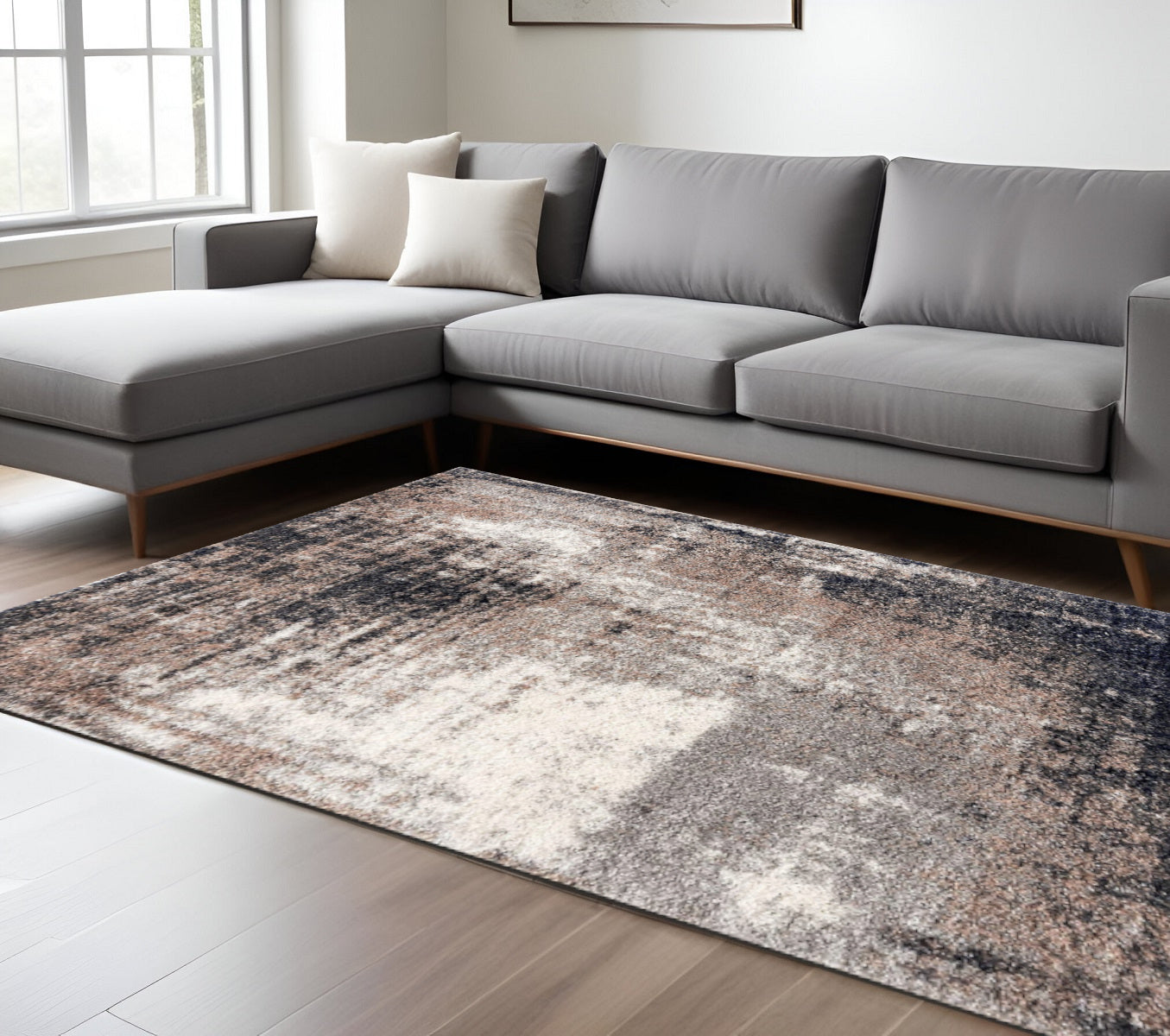 5' X 8' Ivory And Navy Retro Modern Area Rug-Area Rugs-DECOROLALA