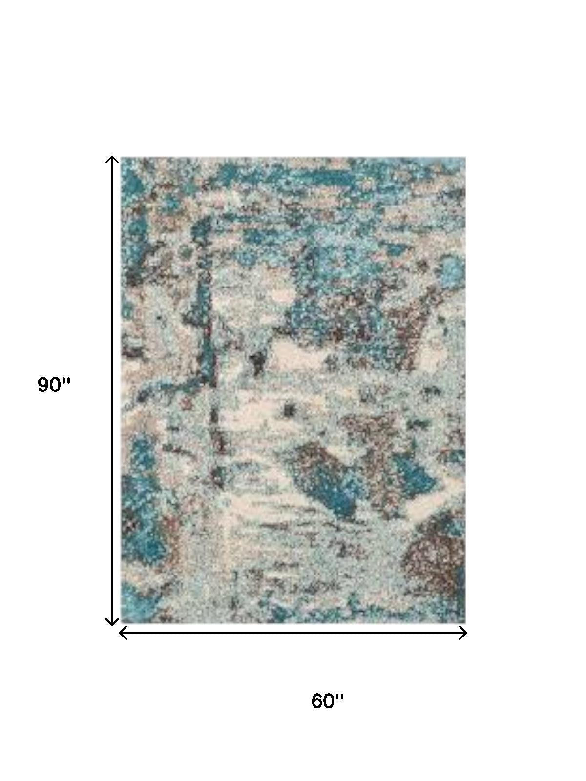 5' X 8' Ivory And Teal Abstract Area Rug-Area Rugs-DECOROLALA