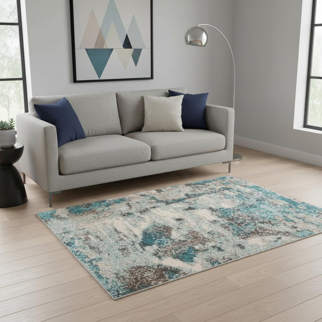 5' X 8' Ivory And Teal Abstract Area Rug-Area Rugs-DECOROLALA