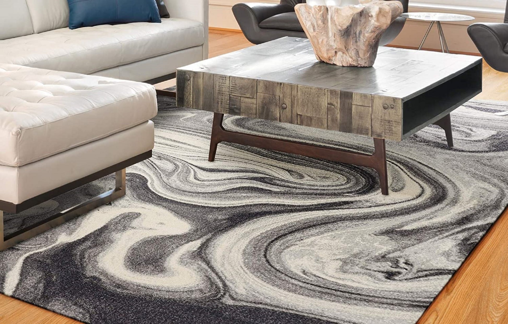 5' X 8' Ivory Black And Gray Abstract Area Rug-Area Rugs-DECOROLALA