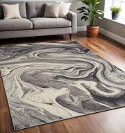 5' X 8' Ivory Black And Gray Abstract Area Rug-Area Rugs-DECOROLALA