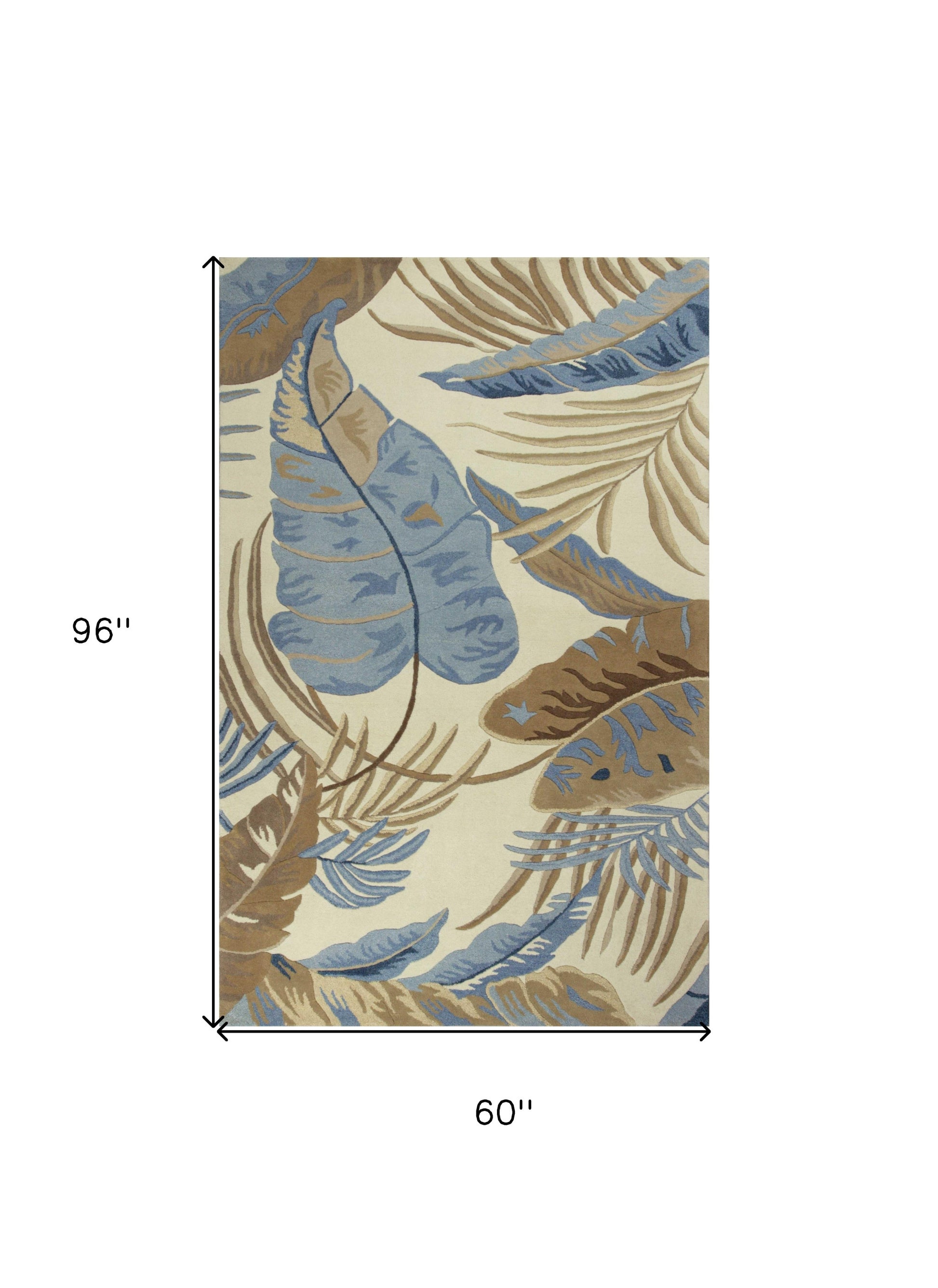 5' X 8' Ivory Blue And Brown Wool Tropical Botanical Hand Tufted Area Rug-Area Rugs-DECOROLALA