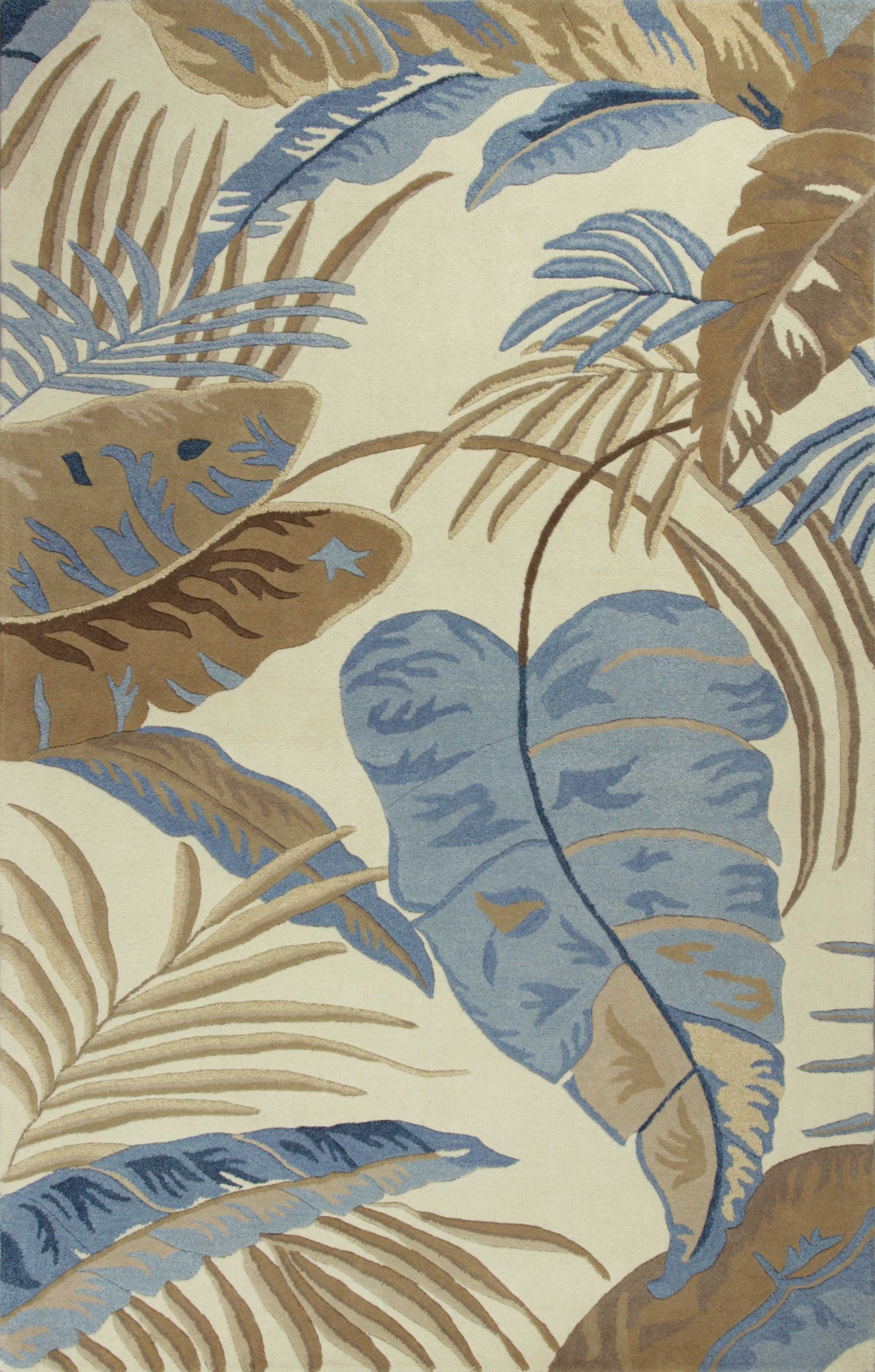 5' X 8' Ivory Blue And Brown Wool Tropical Botanical Hand Tufted Area Rug-Area Rugs-DECOROLALA