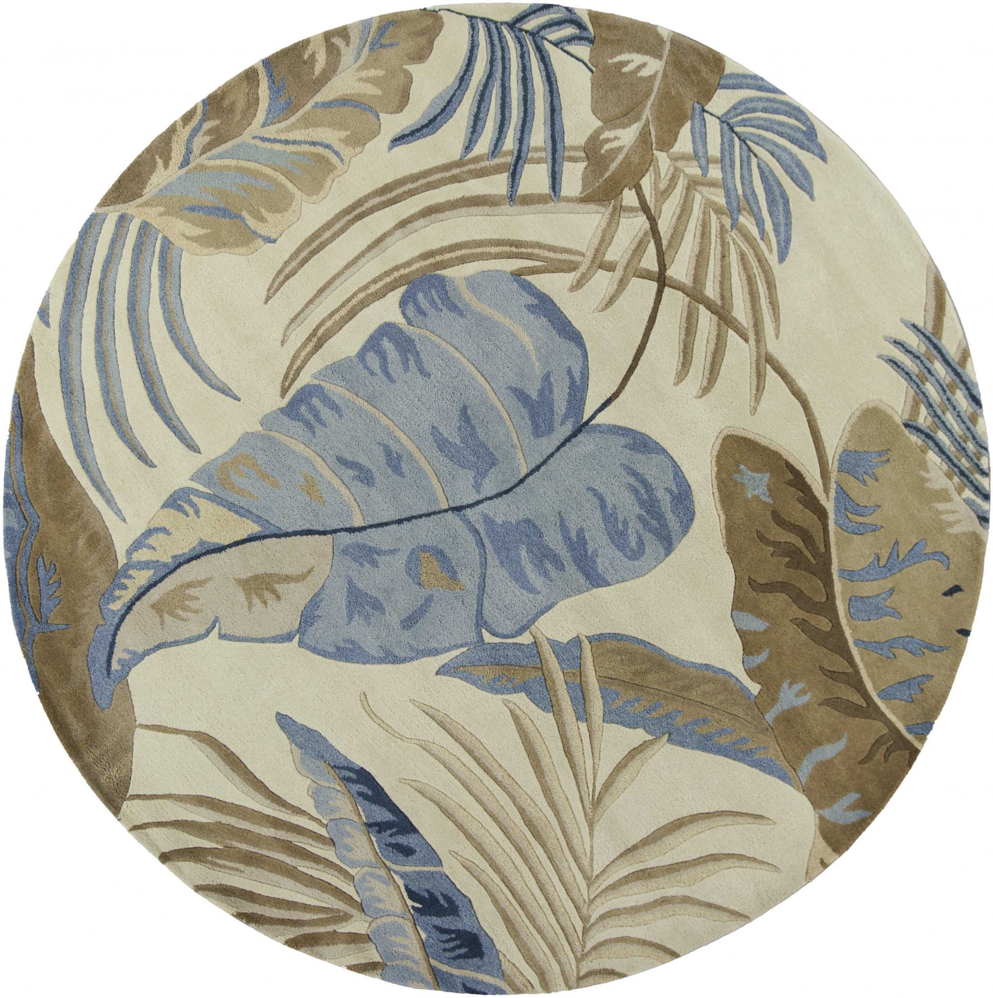 5' X 8' Ivory Blue And Brown Wool Tropical Botanical Hand Tufted Area Rug-Area Rugs-DECOROLALA