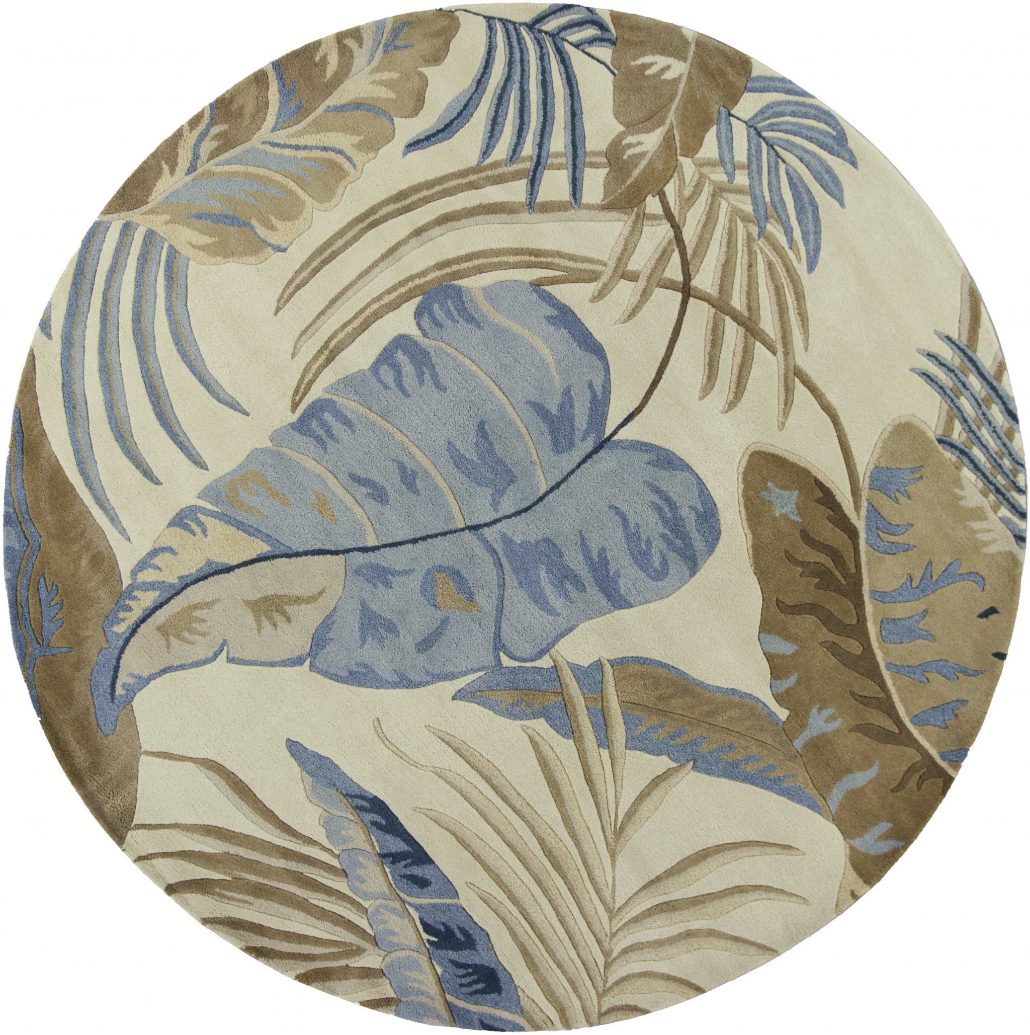 5' X 8' Ivory Blue And Brown Wool Tropical Botanical Hand Tufted Area Rug-Area Rugs-DECOROLALA