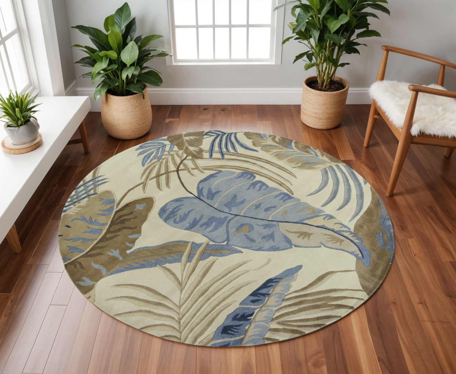 5' X 8' Ivory Blue And Brown Wool Tropical Botanical Hand Tufted Area Rug-Area Rugs-DECOROLALA