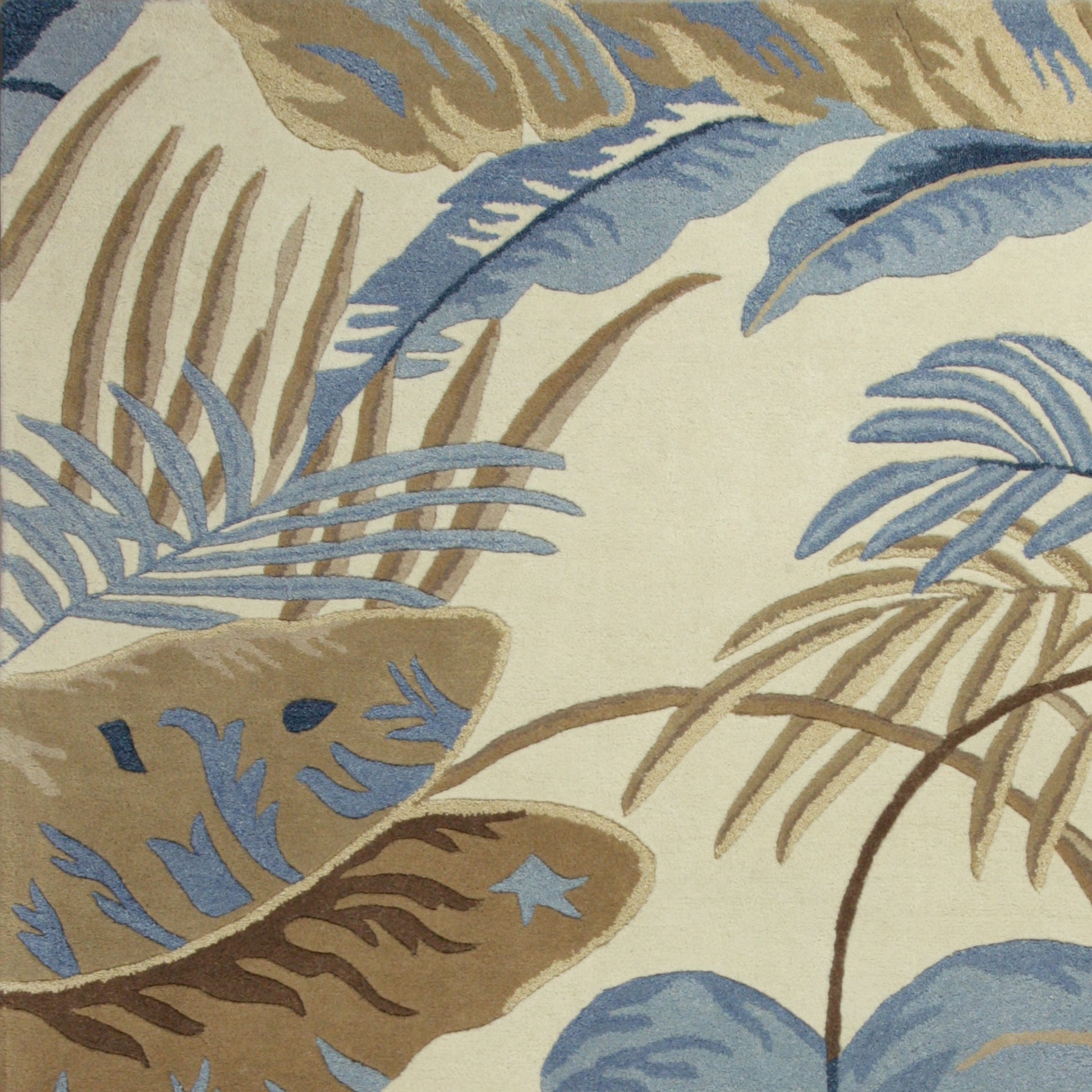 5' X 8' Ivory Blue And Brown Wool Tropical Botanical Hand Tufted Area Rug-Area Rugs-DECOROLALA