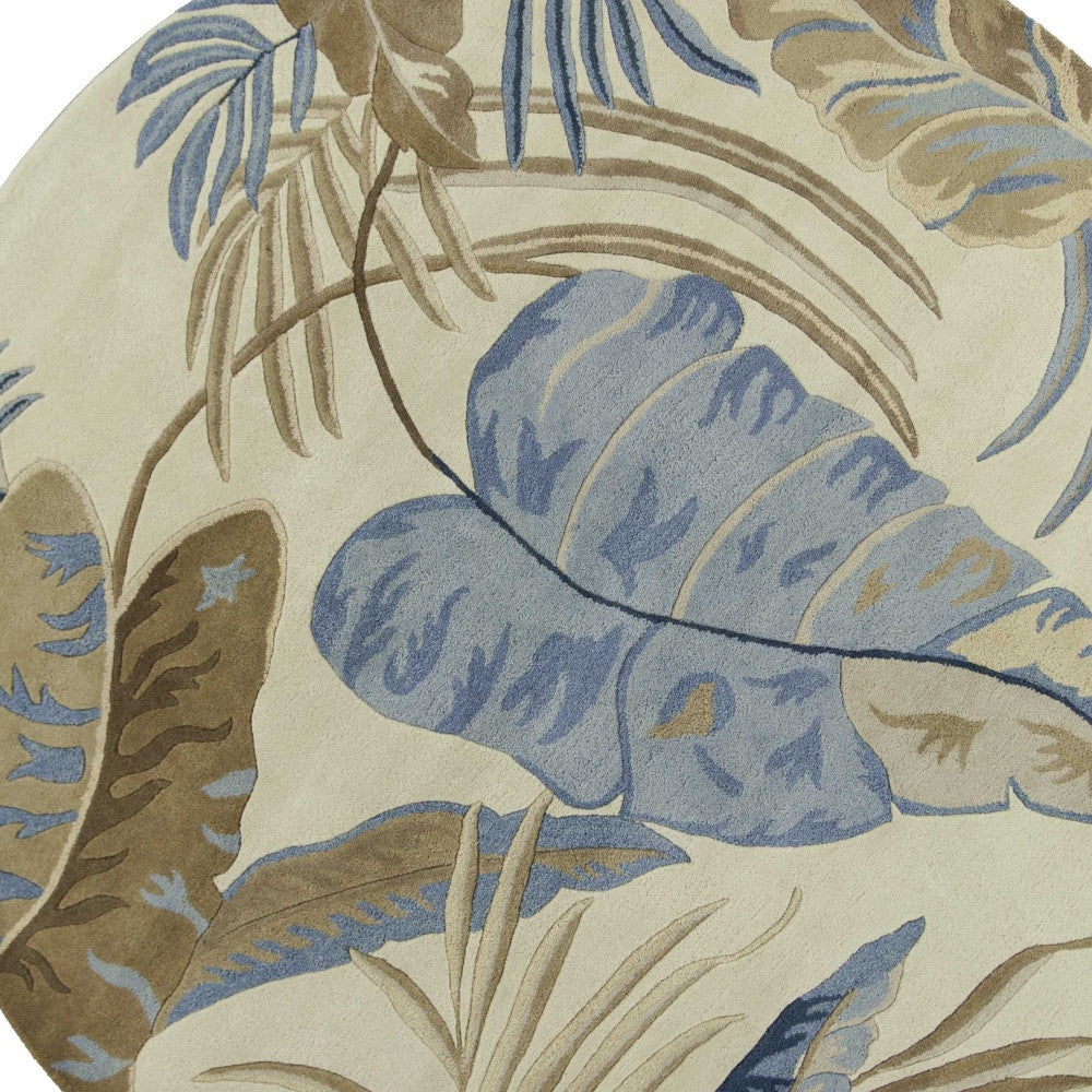 5' X 8' Ivory Blue And Brown Wool Tropical Botanical Hand Tufted Area Rug-Area Rugs-DECOROLALA