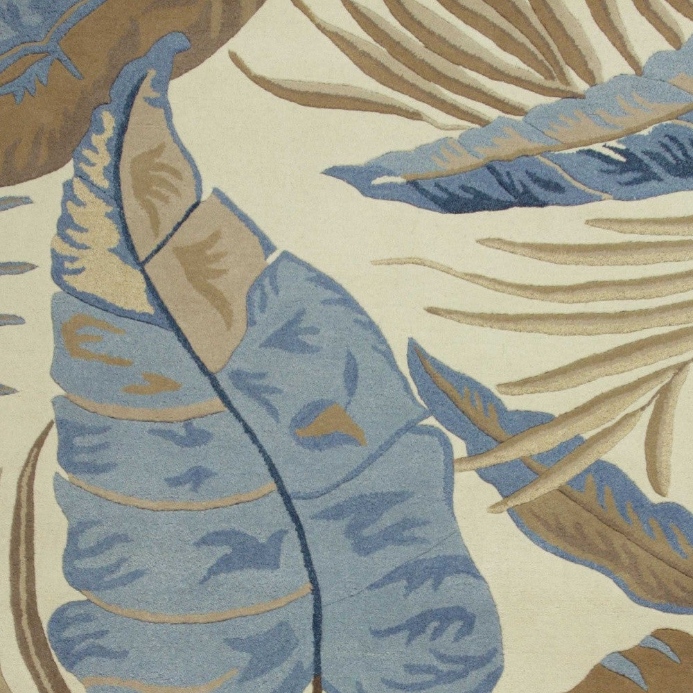 5' X 8' Ivory Blue And Brown Wool Tropical Botanical Hand Tufted Area Rug-Area Rugs-DECOROLALA