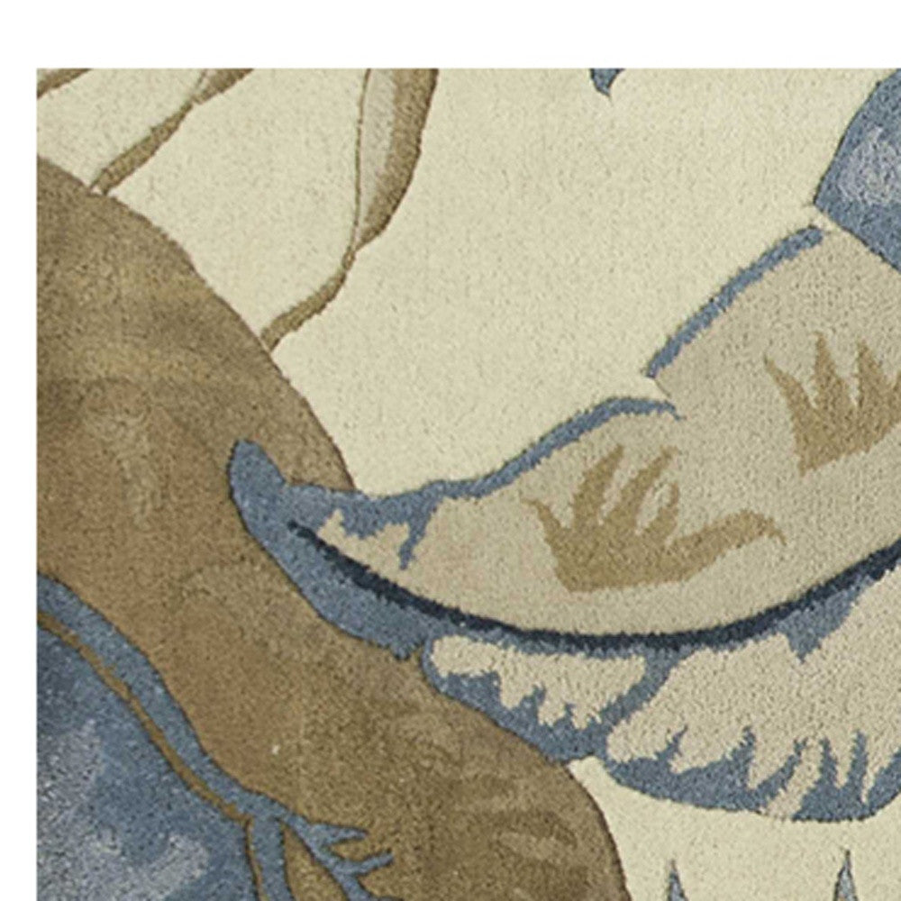 5' X 8' Ivory Blue And Brown Wool Tropical Botanical Hand Tufted Area Rug-Area Rugs-DECOROLALA