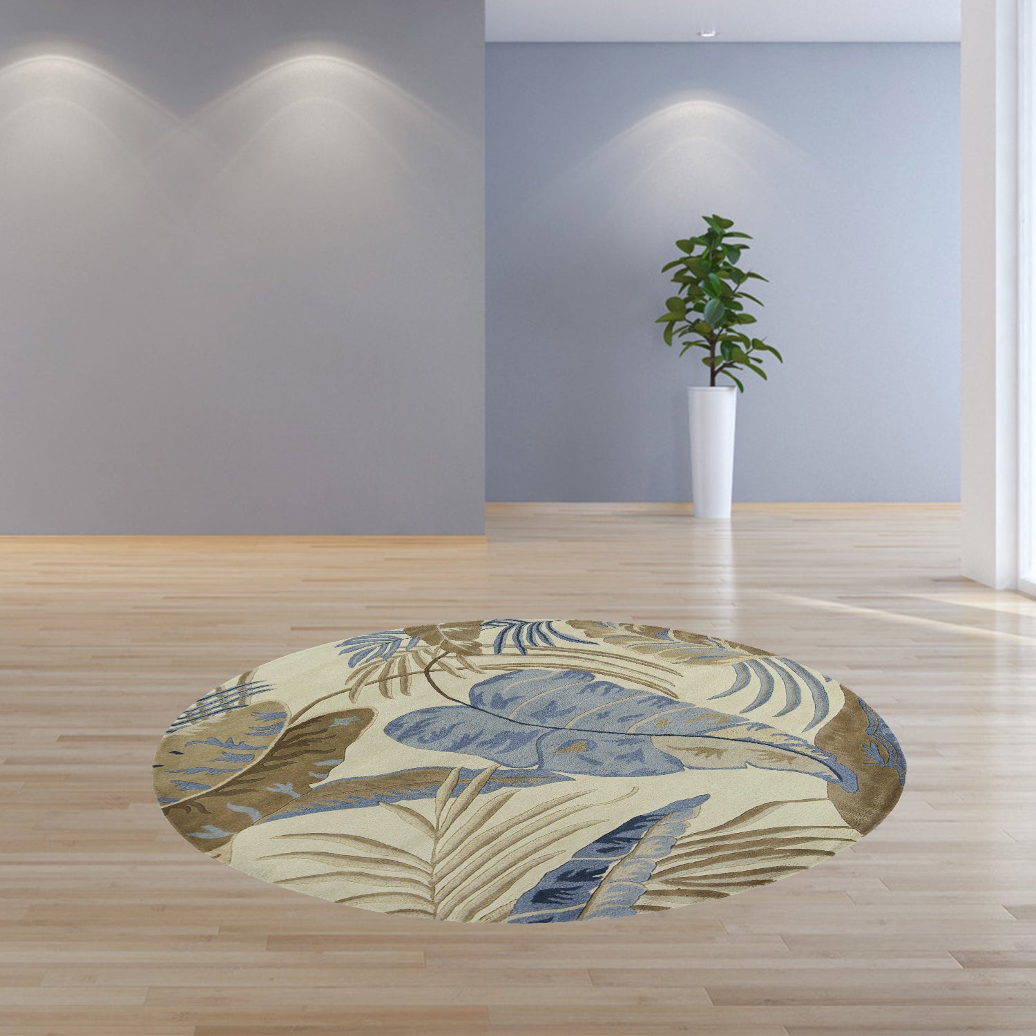 5' X 8' Ivory Blue And Brown Wool Tropical Botanical Hand Tufted Area Rug-Area Rugs-DECOROLALA