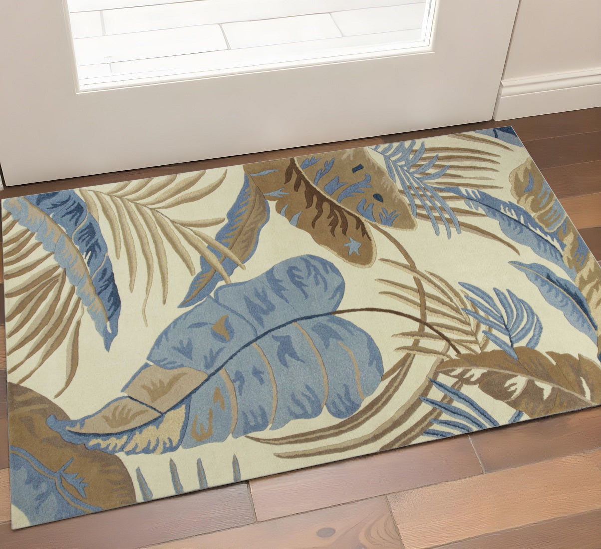 5' X 8' Ivory Blue And Brown Wool Tropical Botanical Hand Tufted Area Rug-Area Rugs-DECOROLALA