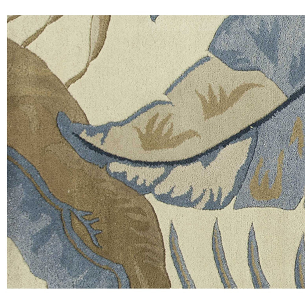 5' X 8' Ivory Blue And Brown Wool Tropical Botanical Hand Tufted Area Rug-Area Rugs-DECOROLALA