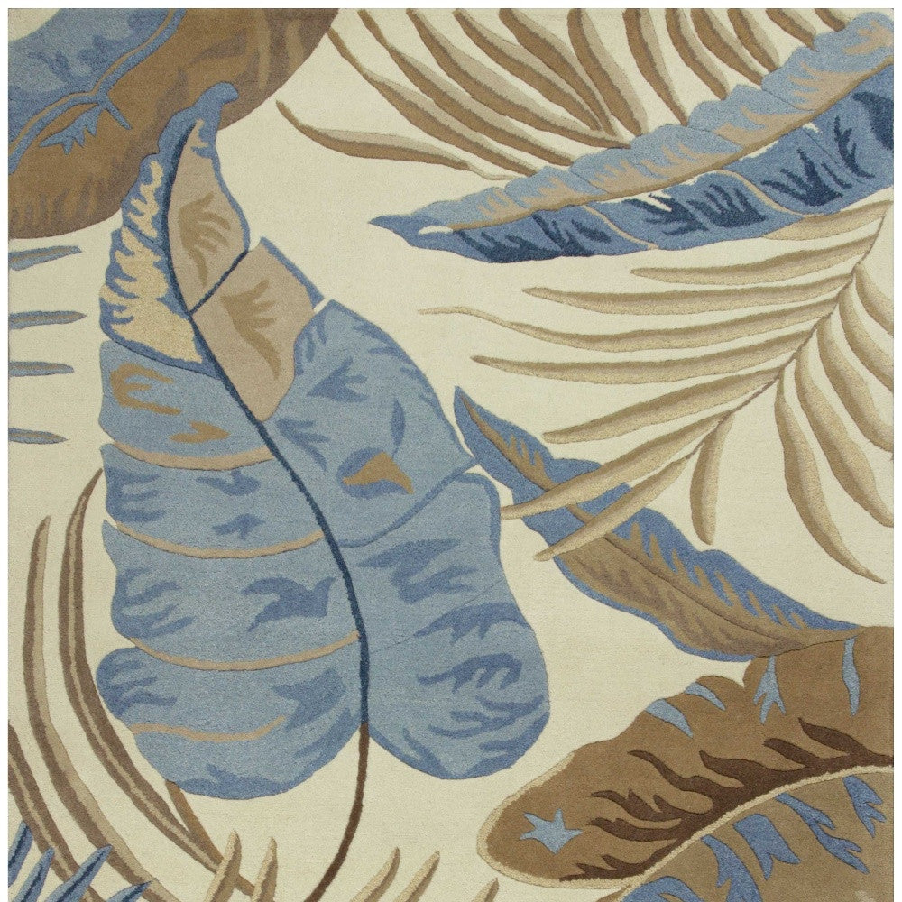 5' X 8' Ivory Blue And Brown Wool Tropical Botanical Hand Tufted Area Rug-Area Rugs-DECOROLALA