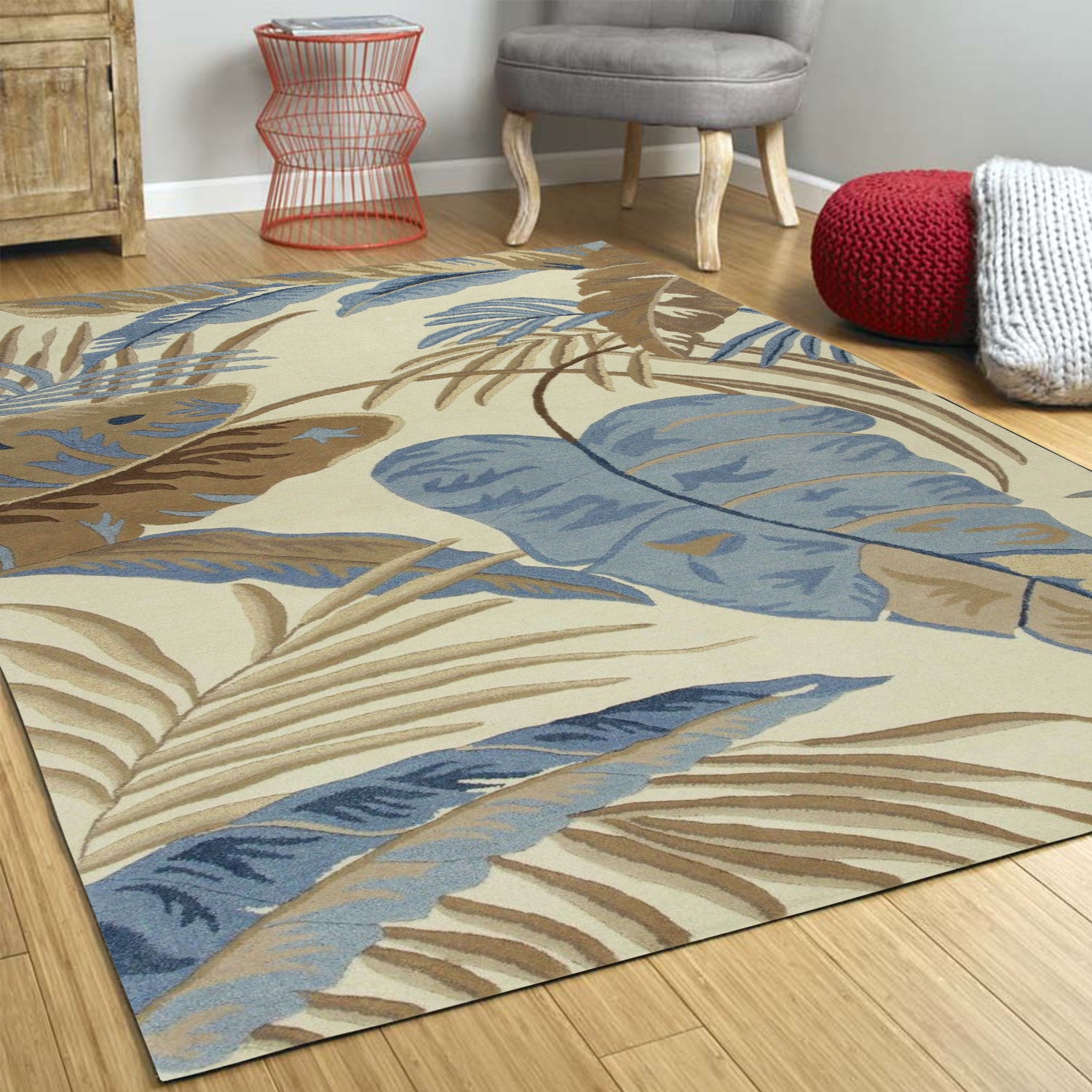 5' X 8' Ivory Blue And Brown Wool Tropical Botanical Hand Tufted Area Rug-Area Rugs-DECOROLALA