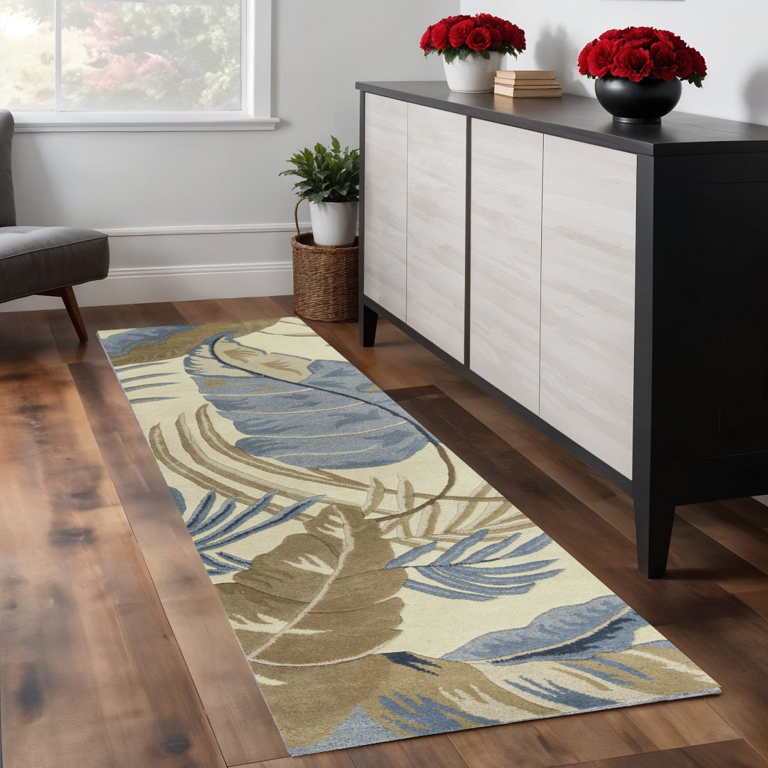 5' X 8' Ivory Blue And Brown Wool Tropical Botanical Hand Tufted Area Rug-Area Rugs-DECOROLALA