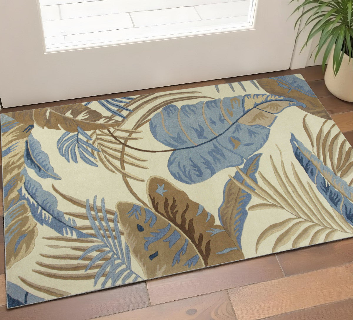 5' X 8' Ivory Blue And Brown Wool Tropical Botanical Hand Tufted Area Rug-Area Rugs-DECOROLALA
