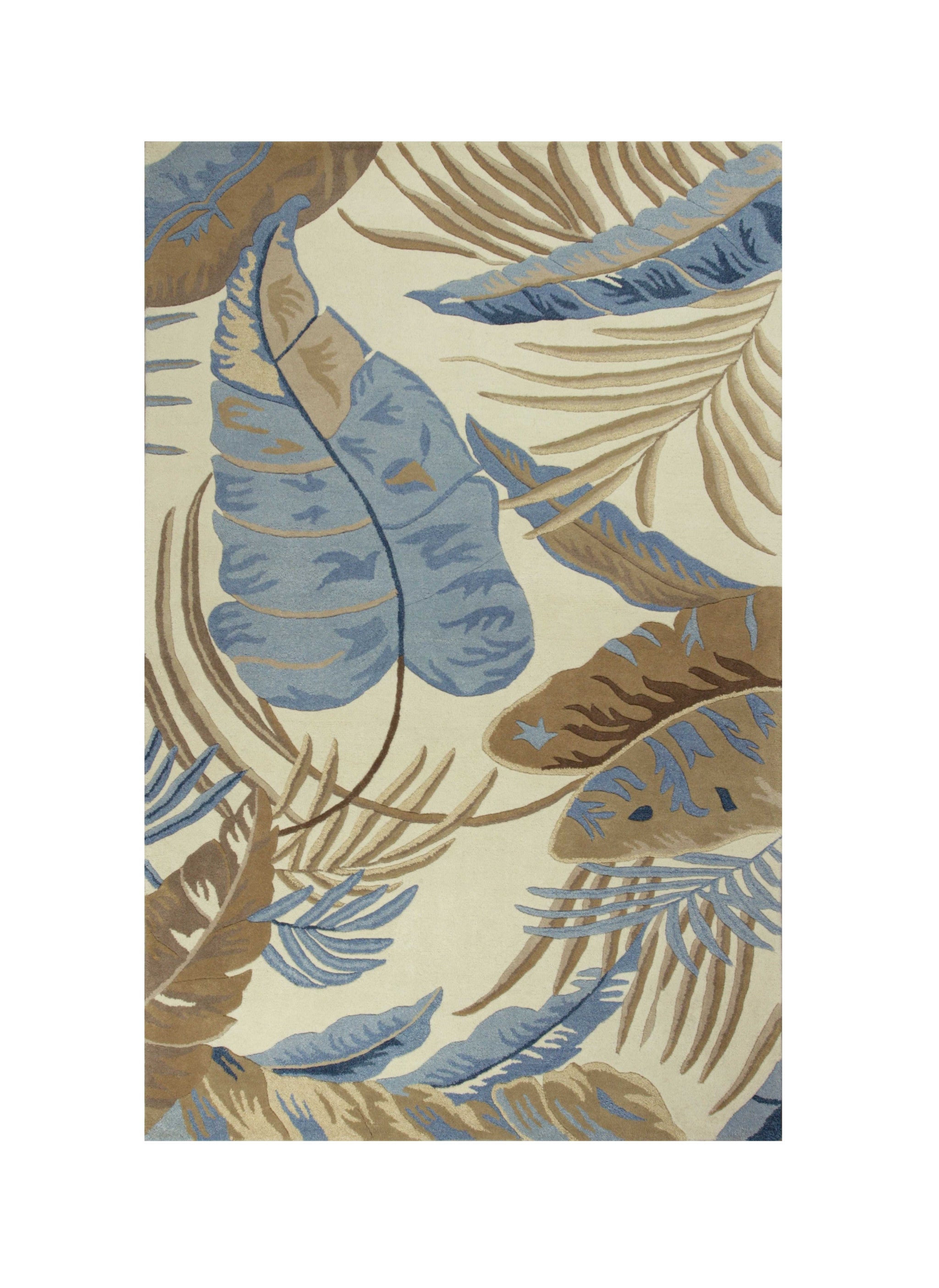 5' X 8' Ivory Blue And Brown Wool Tropical Botanical Hand Tufted Area Rug-Area Rugs-DECOROLALA